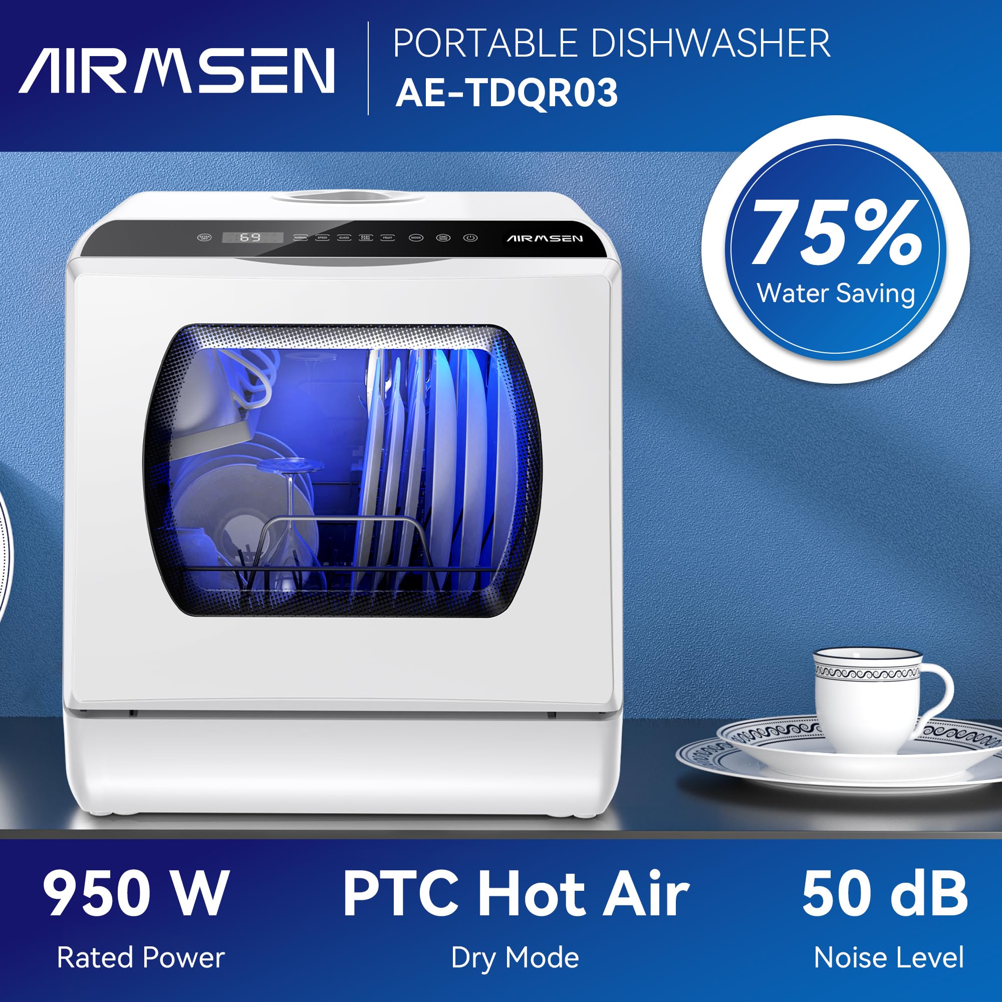 AIRMSEN Portable Countertop Dishwashers, 5 Washing Programs Mini Dishwashers with 1.2 Gal Built-in Water Tank and Double-layered Glass Door, No Hookup Needed for Home, Apartments & RVs