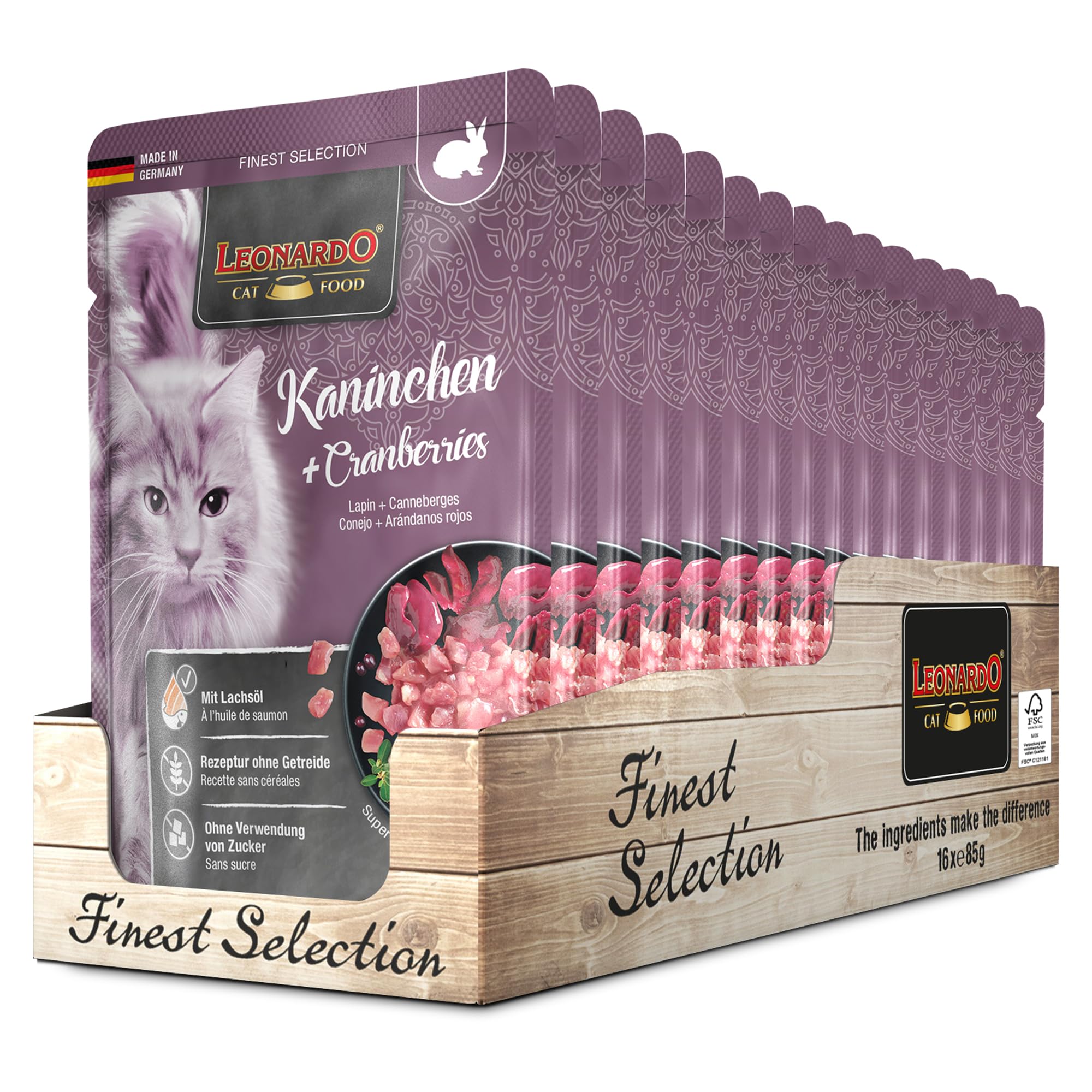 LEONARDO Frischebeutel [16x85g Kaninchen + Cranberries] | Getreidefreies Nassfutter für Katzen | Feuchtfutter Alleinfutter im Einzelportionsbeutel