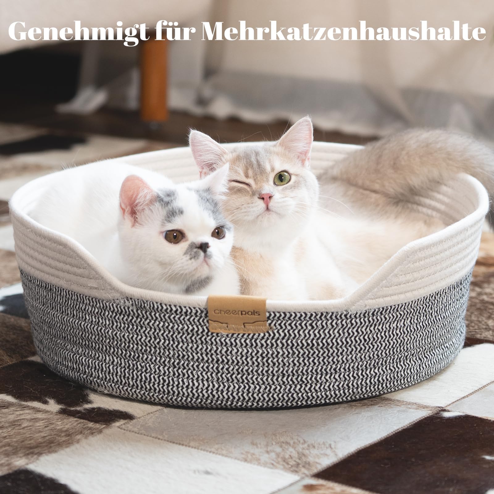 CheerPals Katzenbett mit Kissen, 47cm Waschbar Katzenkorb aus Baumwollseilen geflochten, zum Schlafen für Alle Katze, All Season Universal