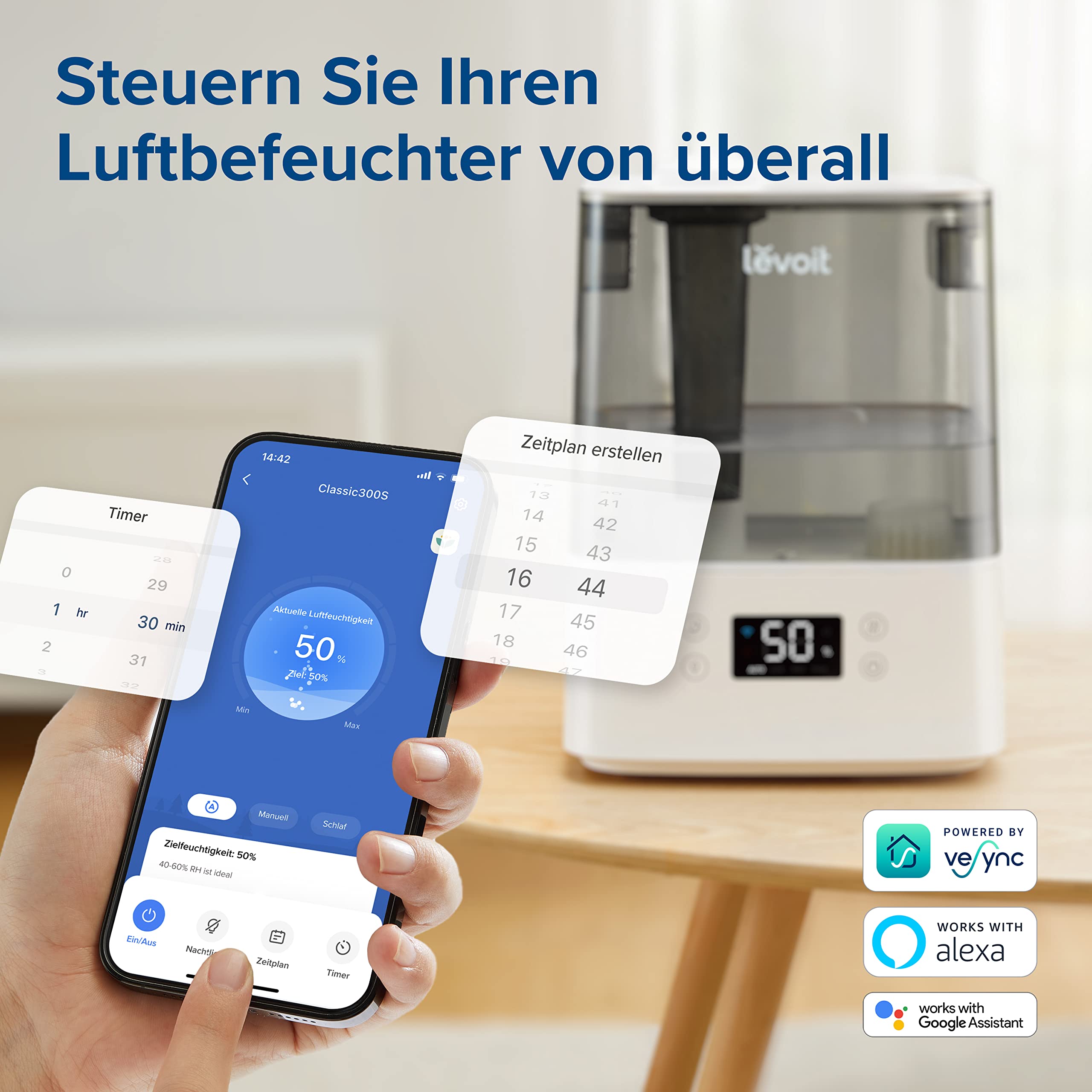 Levoit Luftbefeuchter Schlafzimmer, 23dB leise Humidifier, Top-Fill für Baby, bis 25H, Raumbefeuchter mit 360 grad Drehdüse für Kinderzimmer, Pflanzen, Auto Shut-off, 2,5 L, Weiß