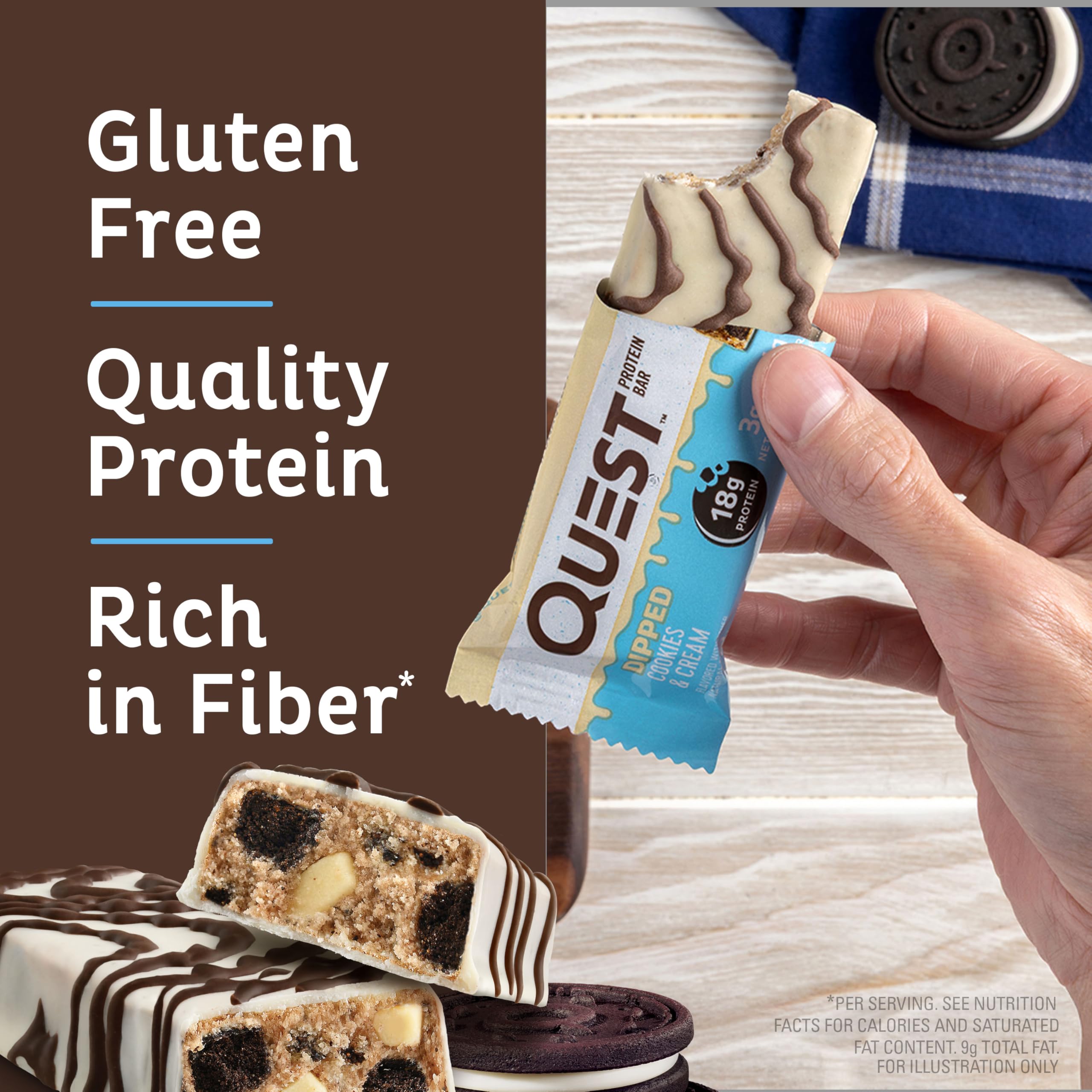 Quest Nutrition Chocolate Chip Dough Cookie Protein Bars, 21g Protein, 1g Sugar, 4g Net Carbs, High Fiber, Gluten Free, Keto-Friendly, 12 Count