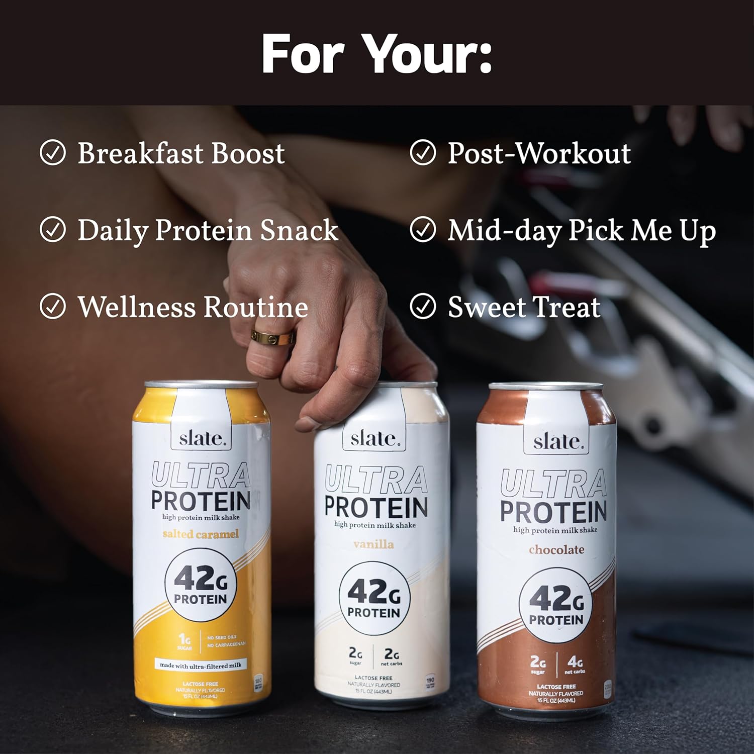 Slate Milk - Ultra Protein Shake - Vanilla - 42g Protein, 1g Sugar, 180 Calories, 1g Net Carbs - Lactose Free, No Added Sugar - Made with Ultra Filtered Milk - Breakfast Boost, Post Workout - 15 fl oz, 12 Cans