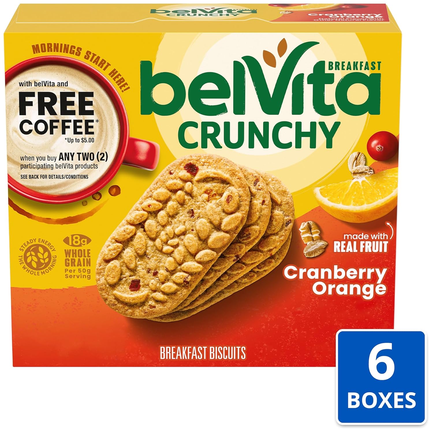 belVita Breakfast Biscuits, Cranberry Orange, 30 Total Packs, 6 Boxes (4 Biscuits Per Pack)
