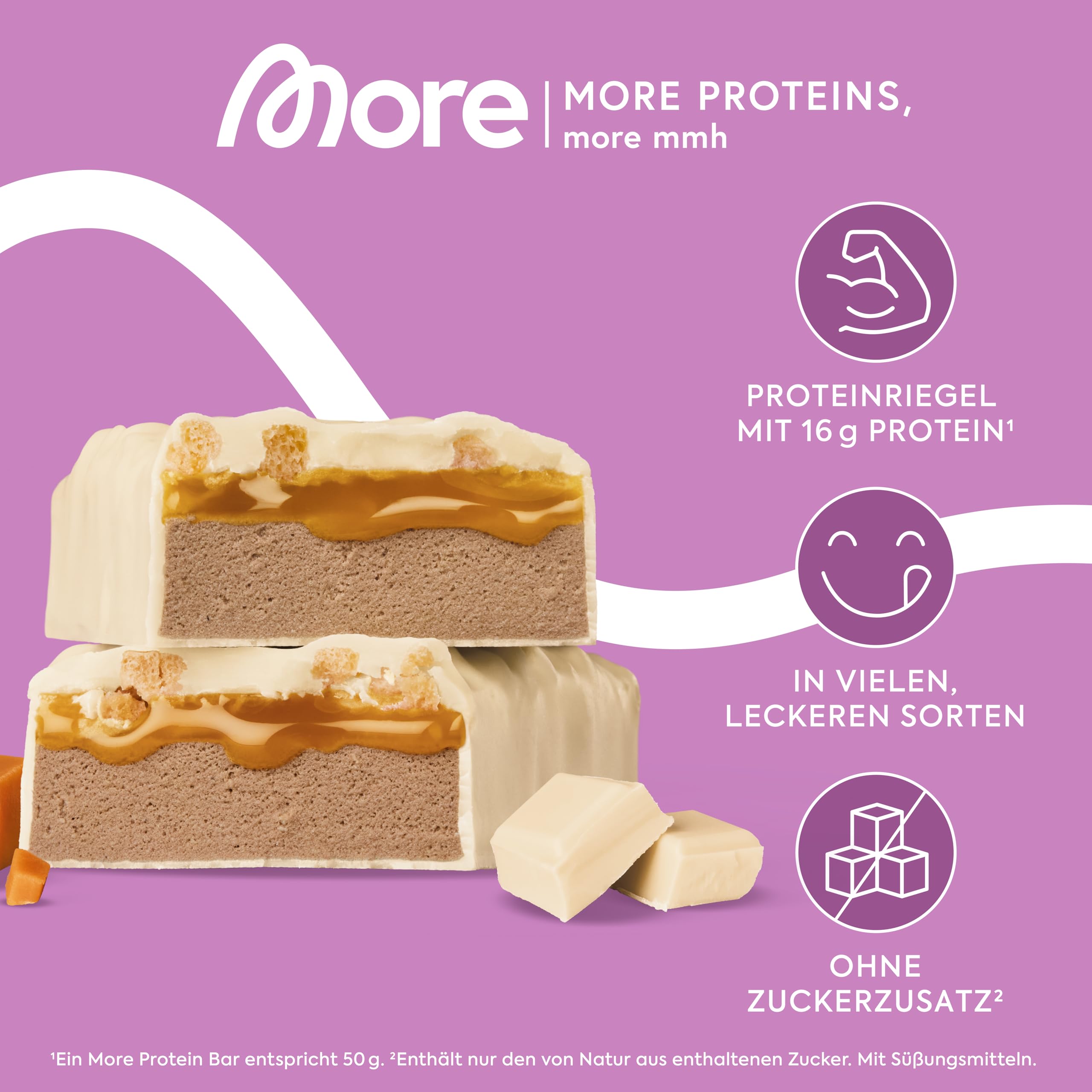 MORE Protein Bar, 10er Box, White Chocolate Peanut Caramel, Protein Riegel ohne Zuckerzusatz (Design kann variieren)