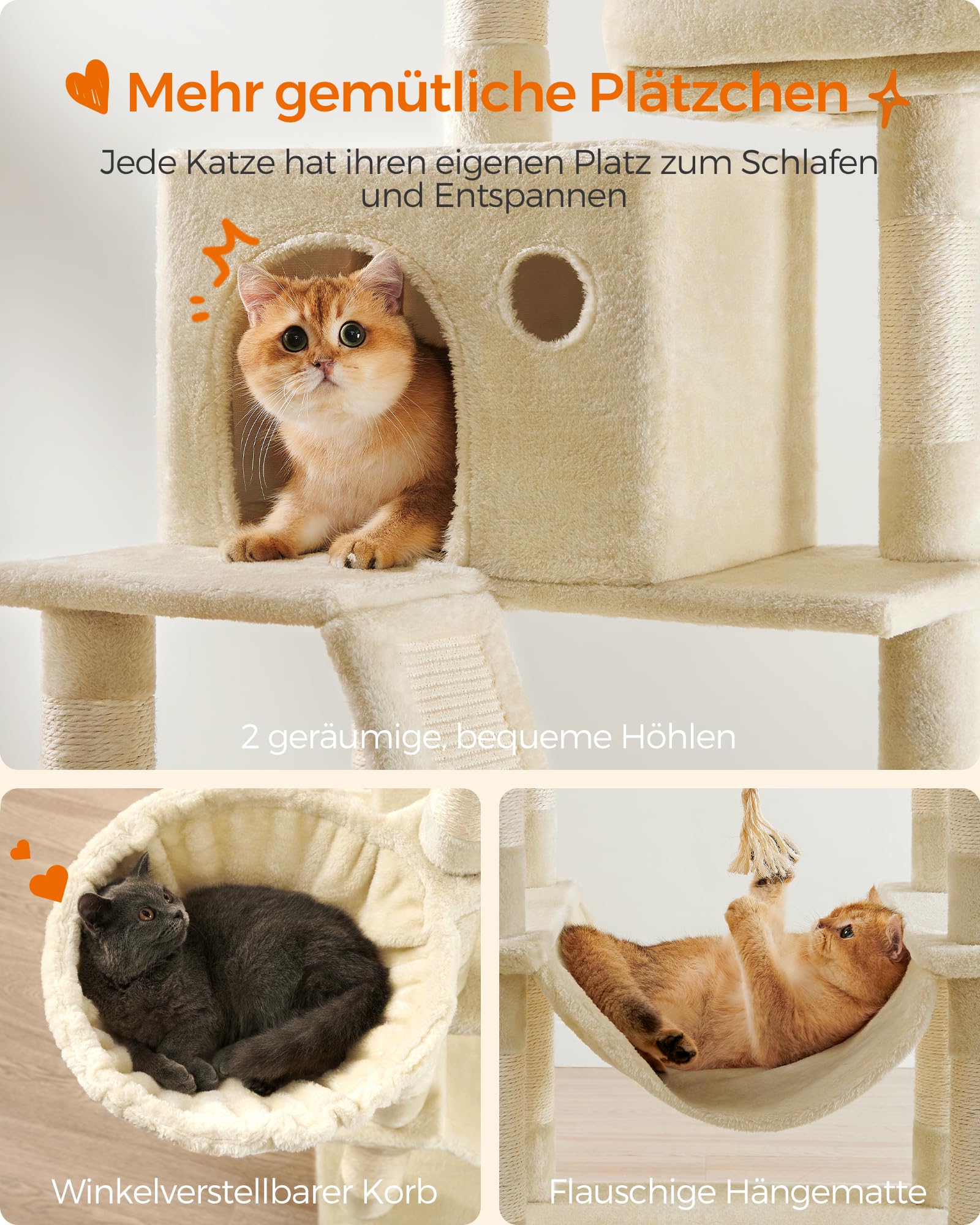 Feandrea Kratzbaum groß, 203,5 cm hoch, XXL Katzenbaum, mit 13 Kratzsäulen, 2 Plattformen, 2 Höhlen, Korb, Hängematte, Plüschbälle, mehrstöckiger Katzenkratzbaum, rauchgrau PCT190G01