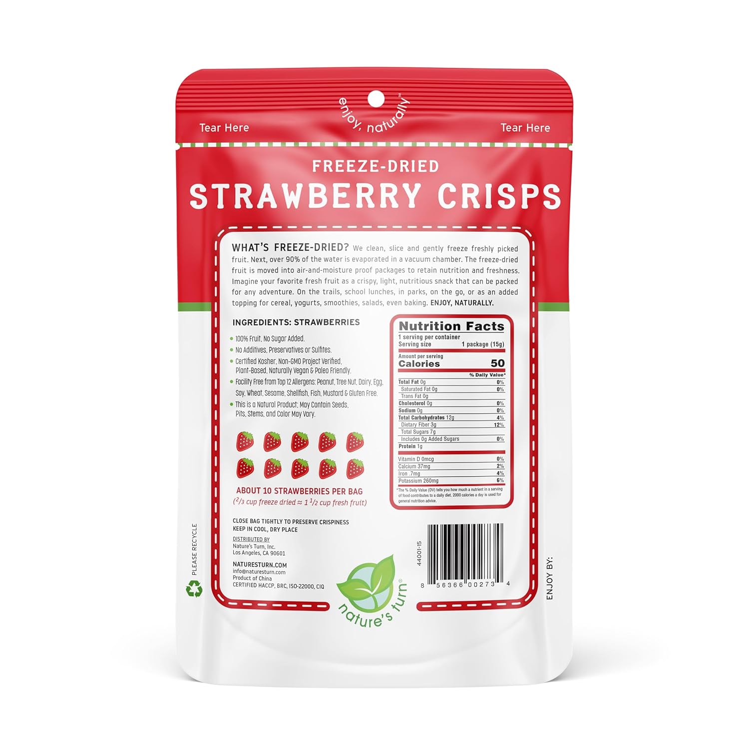 Nature’s Turn Freeze-Dried Strawberry Crisps – Healthy, Gluten-Free, Crispy & Delicious, Plant-Based Snack, Ideal for Cereal, Smoothies, School Lunches, & On-the-Go, Bags of 12 (0.53 oz Each)