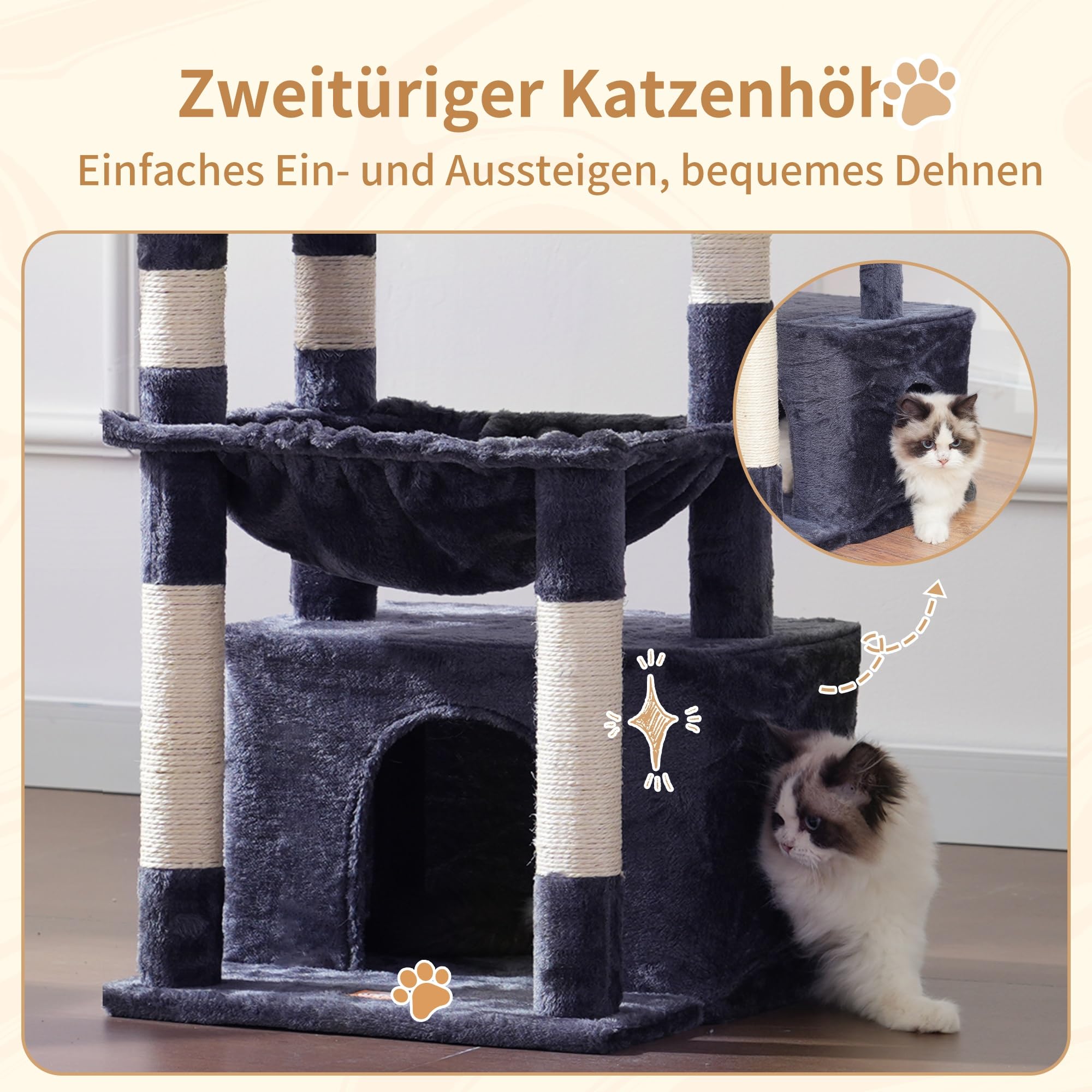 Heybly Kratzbaum, Katzenbaum mit Extra Großem, Weichem Katzenkorb, Katzenkratzbaum mit Geräumigem Katzenbett und Verstecktem Schlafplatz, Robusten Sisal-Kratzsäulen, Hellgrau HCT008SW