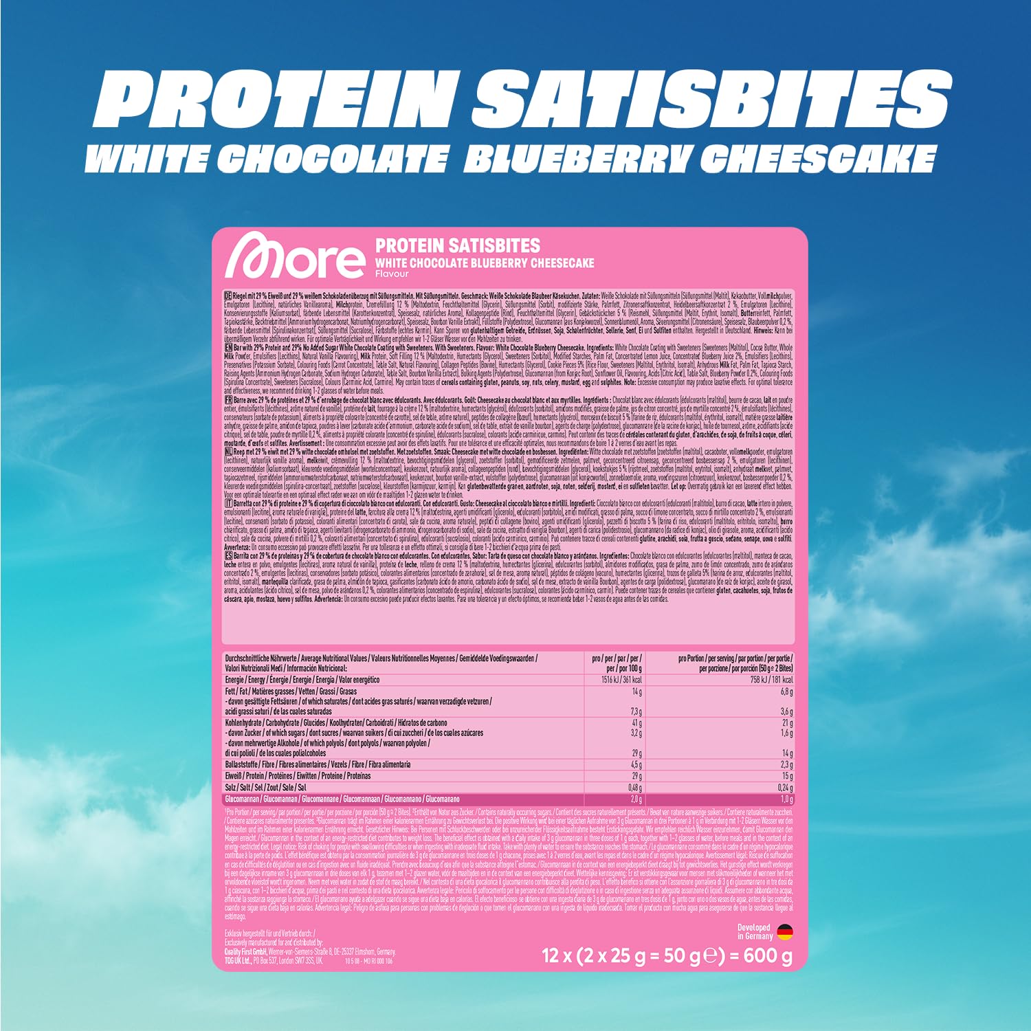 MORE Protein Satisbites, 12er Box Proteinriegel, 12 x 2 x 25 g, White Chocolate Strawberry Cream, bis zu 16 g Protein pro Portion, ohne Zuckerzusatz, made in Germany