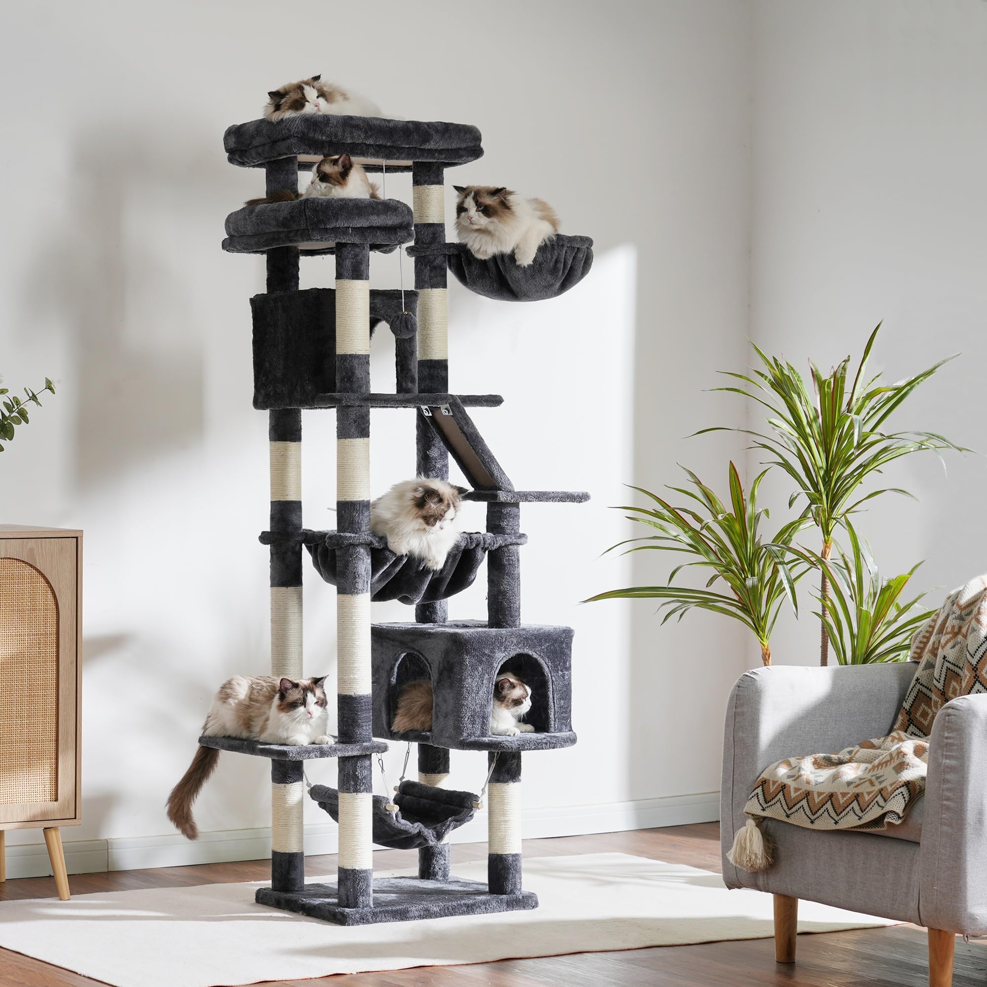 Heybly Kratzbaum, 180 cm Hoher Katzenturm für Wohnungskatzen mit 2 Plattformen, 2 Großen Schlafhäusern, 2 Hängematten, Korb und Kratzbrett, Großes Katzenmöbel mit Schlafplatz, Hellgrau HCT034W