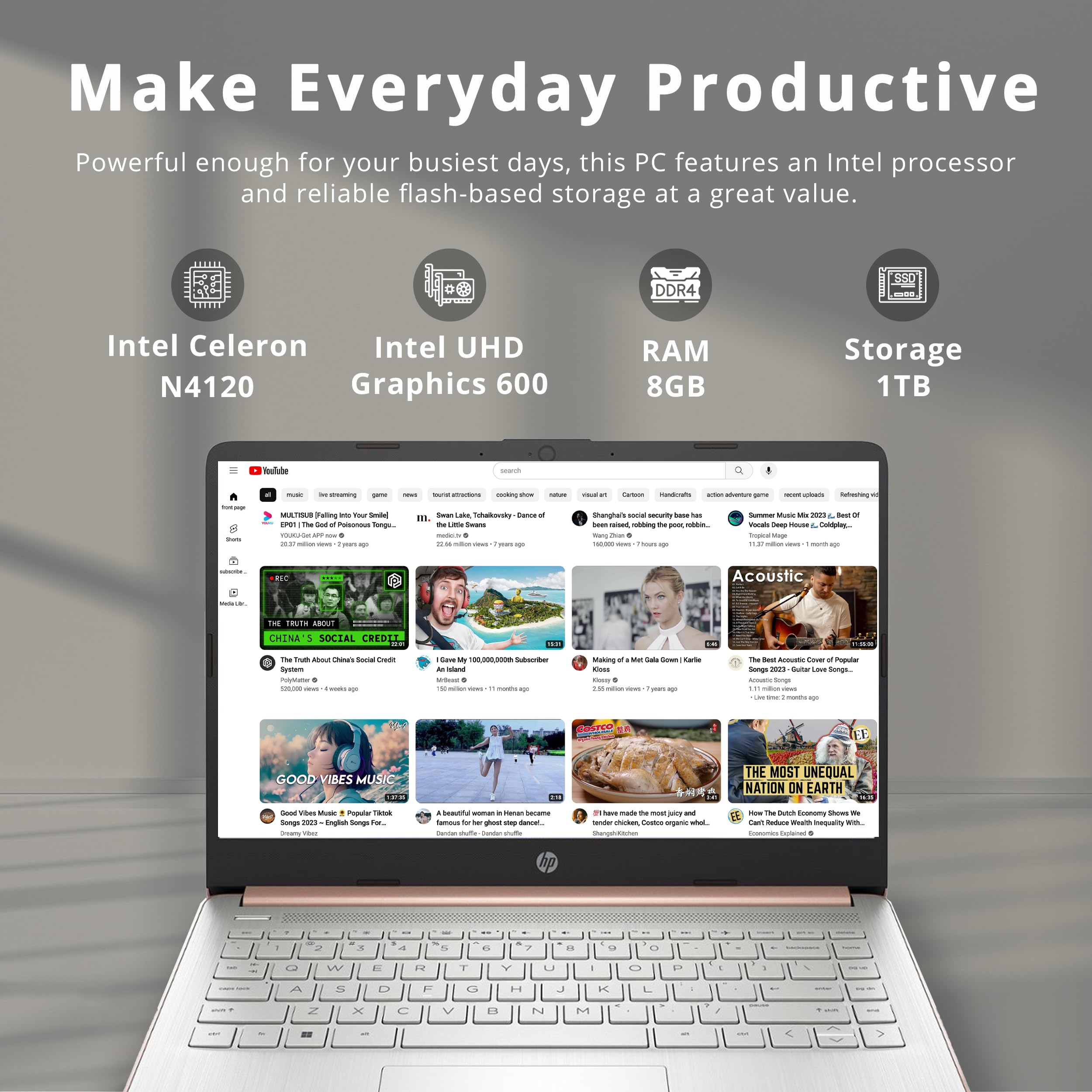 HP 14" HD Laptop, Windows 11, Intel Celeron Dual-Core Processor Up to 2.60GHz, 4GB RAM, 64GB SSD, Webcam, Dale Pink (Renewed)