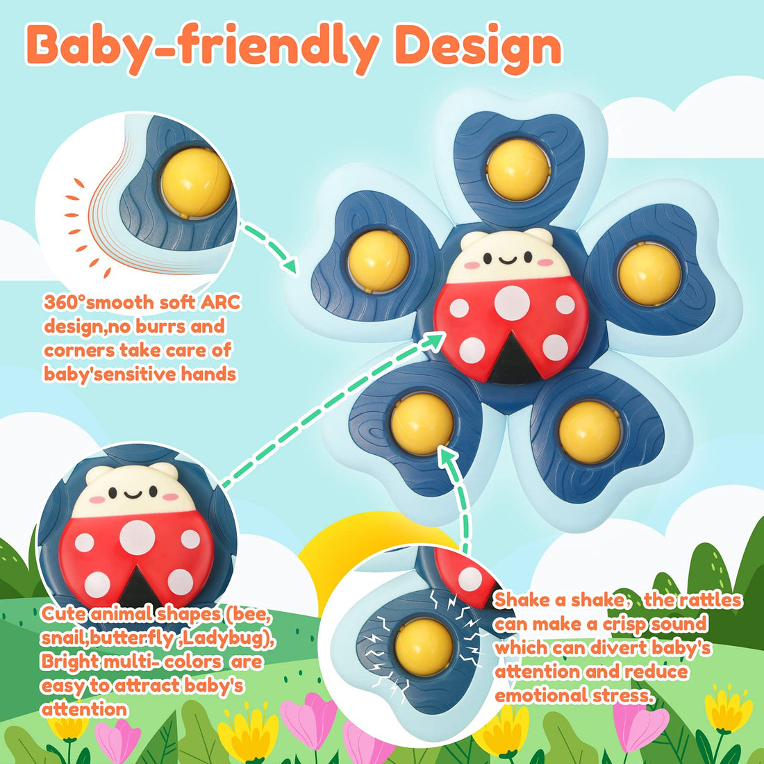 Vanmor Saugnapf Spinner Spielzeug für Baby, 4Pcs Fidget Spinner Spinning Top Saugspielzeug für Bad Fenster Hochstühle Flugzeug Reise, sensorische Spielzeug für Kleinkinder 1-3 Geburtstagsgeschenk