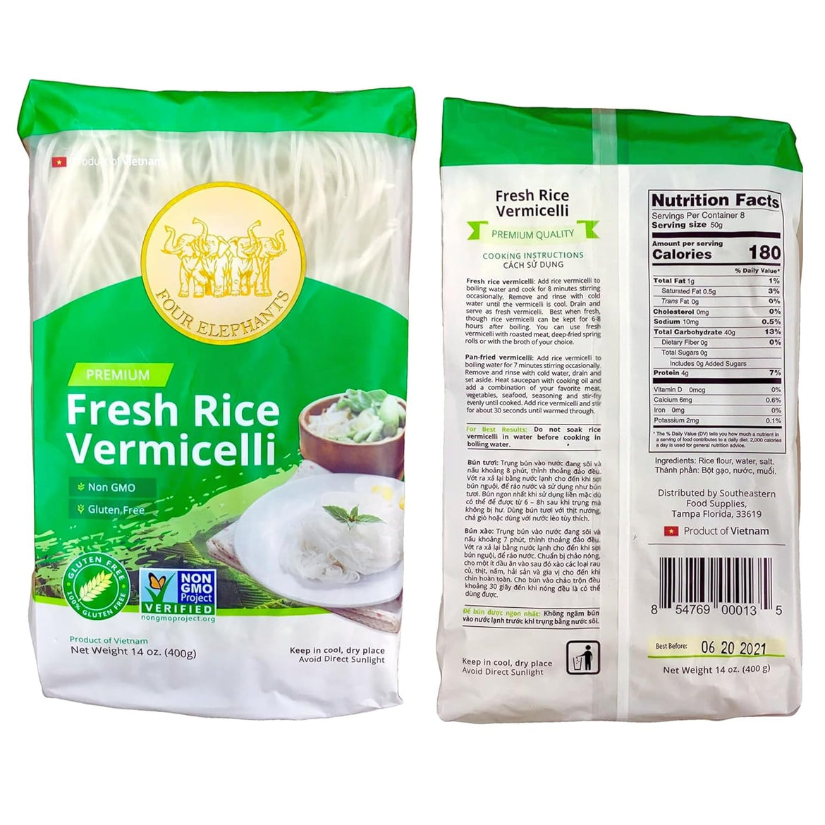 Rice Vermicelli Noodles (Authentic) | 2.6 lbs | Pack of 3 | Tasty For Ramen Noodles, Vietnamese Rice Noodles & Spring Rolls | Non-GMO & Gluten-Free | Four Elephants Brand