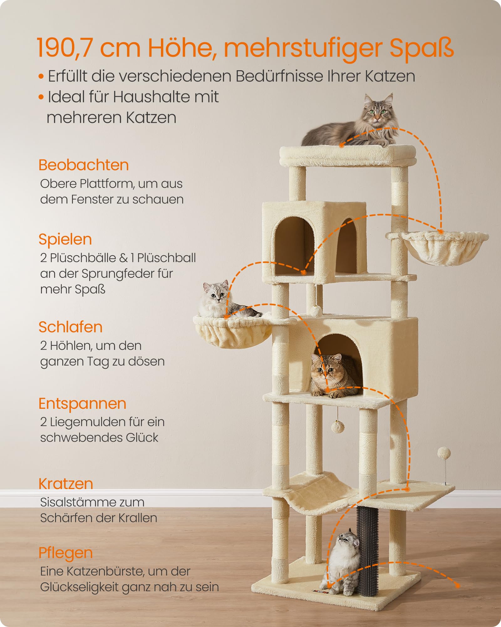 Feandrea Kratzbaum, 175 cm hoch, XL, mehrstöckiger Katzenbaum mit 2 Höhlen, 2 Liegemulden, 5 Kratzsäulen, Katzenbürste, große Plattform, Taubengrau PCT182G01