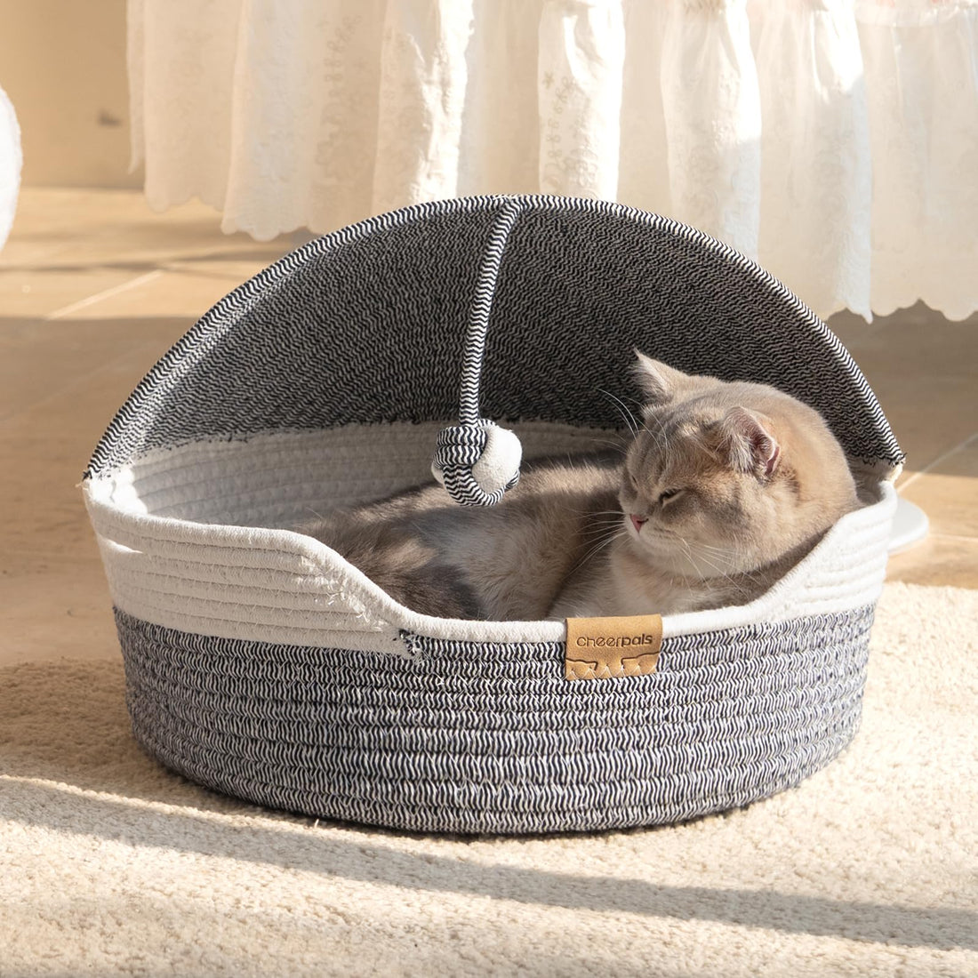 CheerPals Katzenbett mit Kissen, 47cm Waschbar Katzenkorb aus Baumwollseilen geflochten, zum Schlafen für Alle Katze, All Season Universal