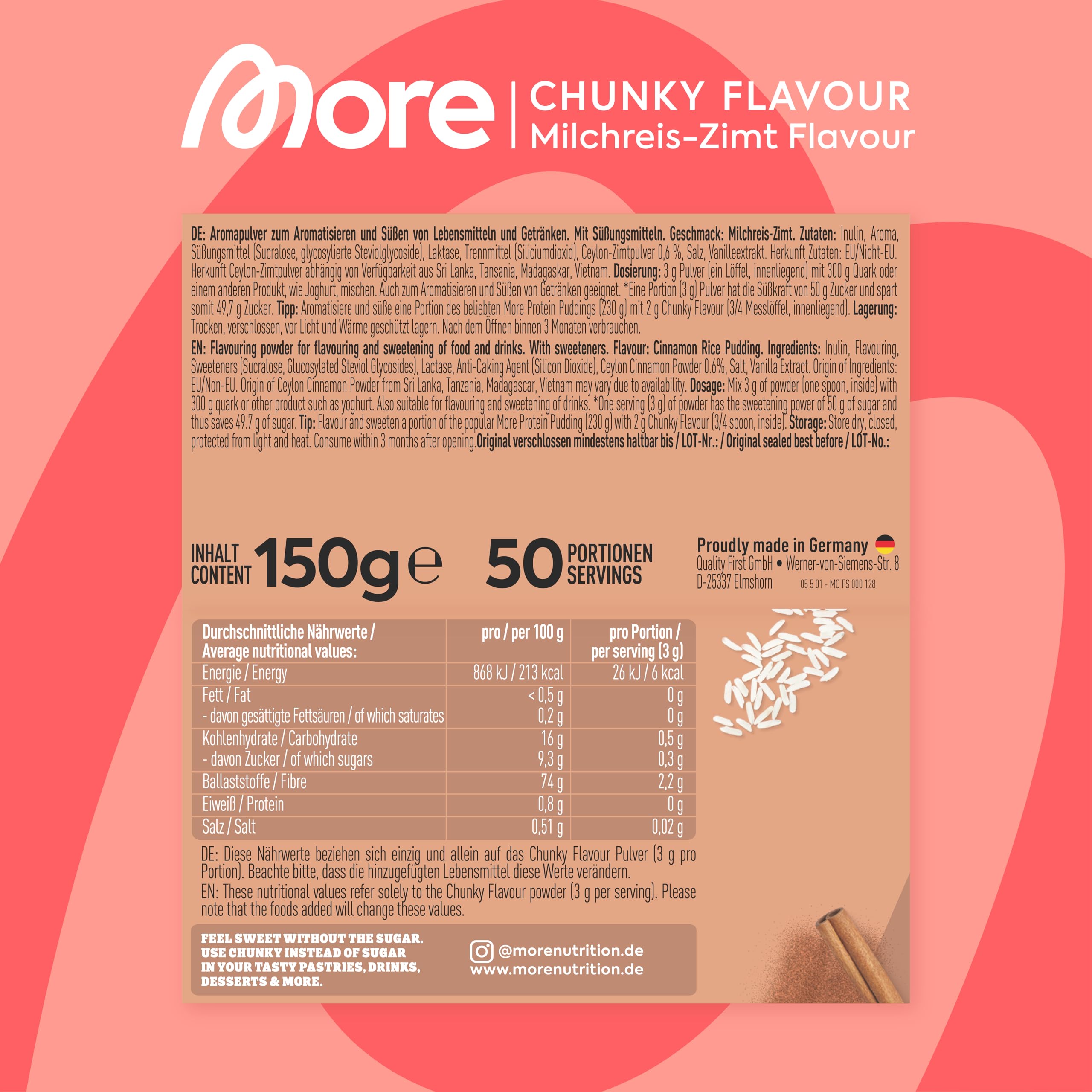 MORE Chunky Flavour, Vanilla Perfection, 150 g, vegan, Geschmackspulver zum Süßen, ohne viel Zucker und Kalorien, mit Inulin und Laktase - made in Germany