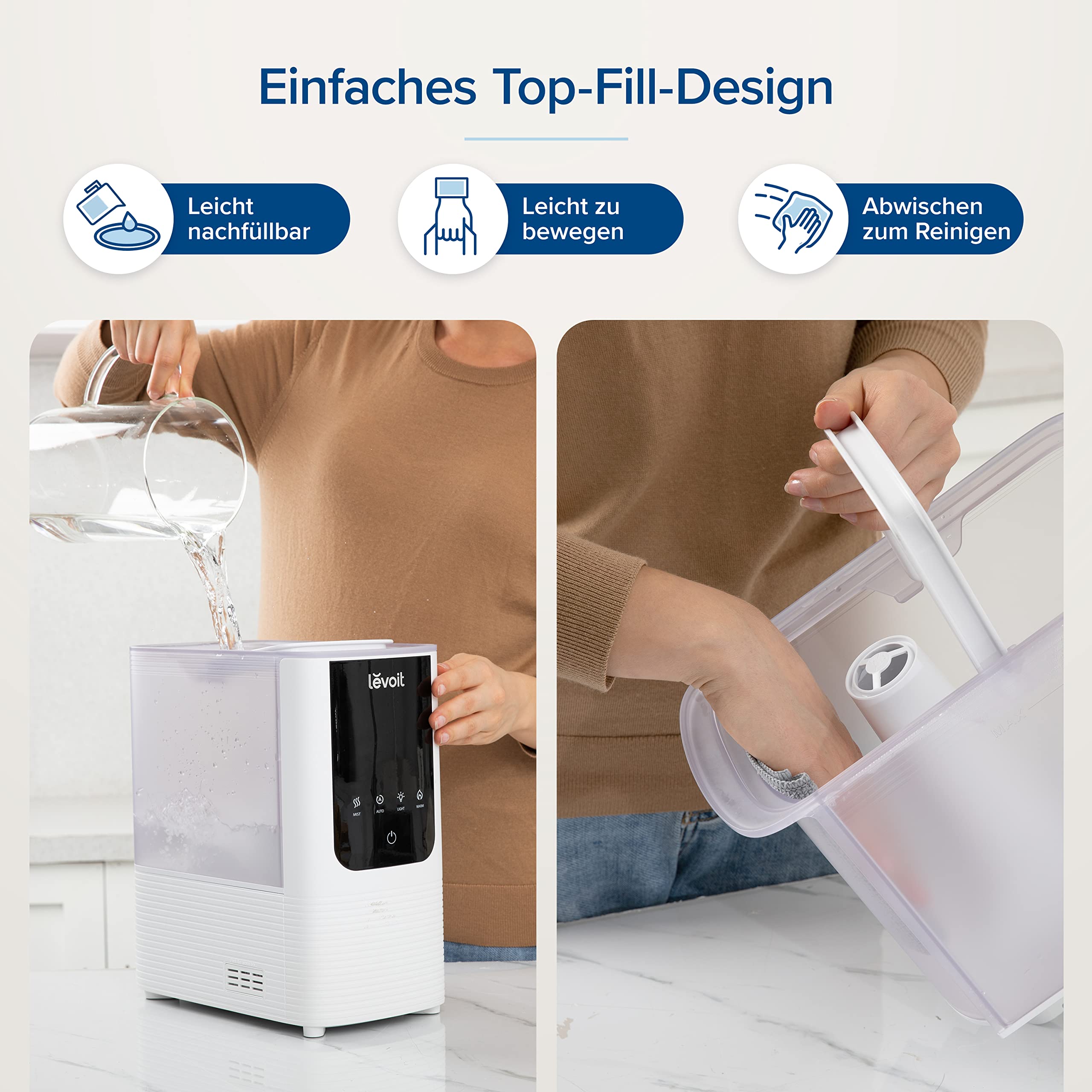 Levoit Luftbefeuchter Schlafzimmer, 23dB leise Humidifier, Top-Fill für Baby, bis 25H, Raumbefeuchter mit 360 grad Drehdüse für Kinderzimmer, Pflanzen, Auto Shut-off, 2,5 L, Weiß