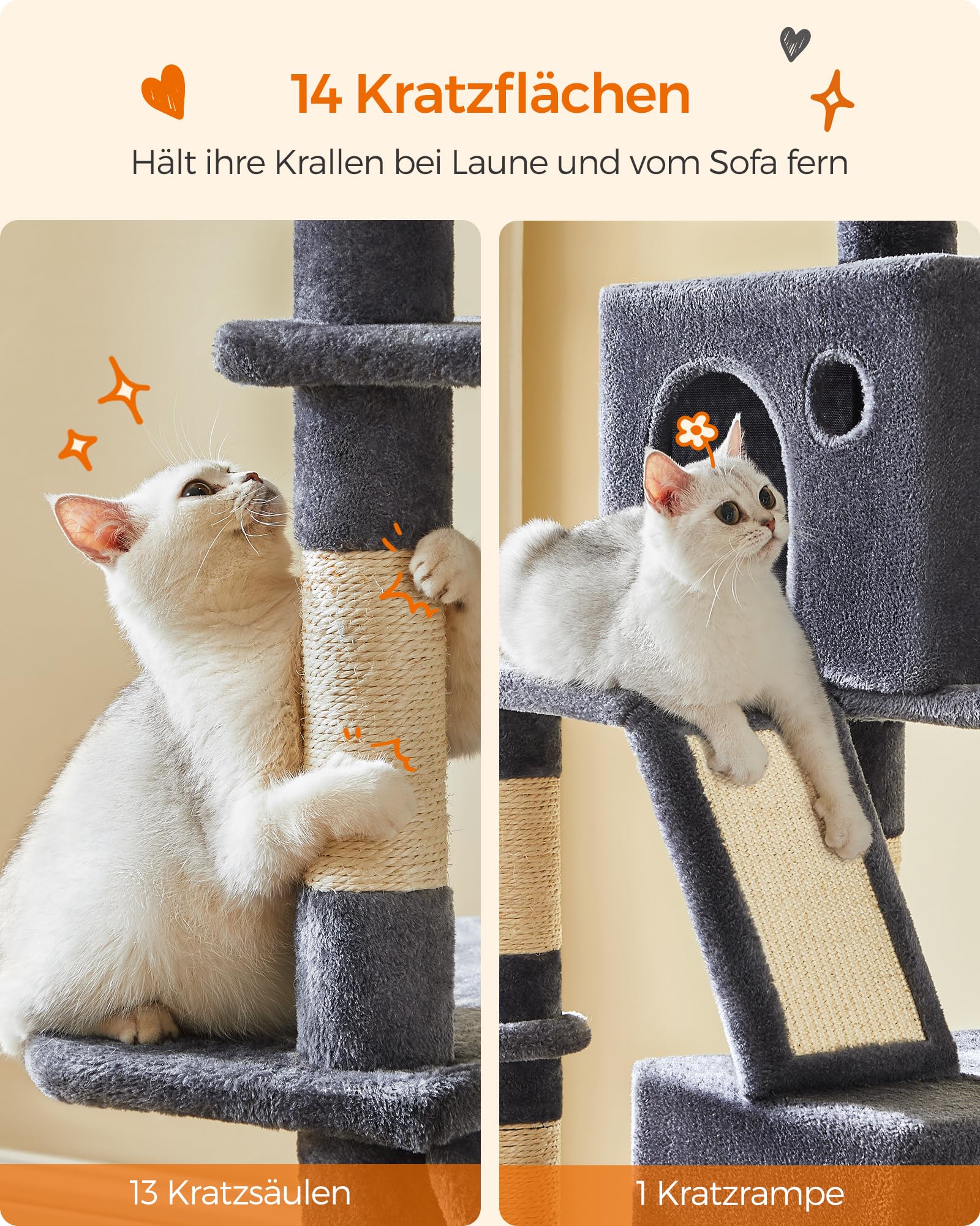 Feandrea Kratzbaum groß, 203,5 cm hoch, XXL Katzenbaum, mit 13 Kratzsäulen, 2 Plattformen, 2 Höhlen, Korb, Hängematte, Plüschbälle, mehrstöckiger Katzenkratzbaum, rauchgrau PCT190G01