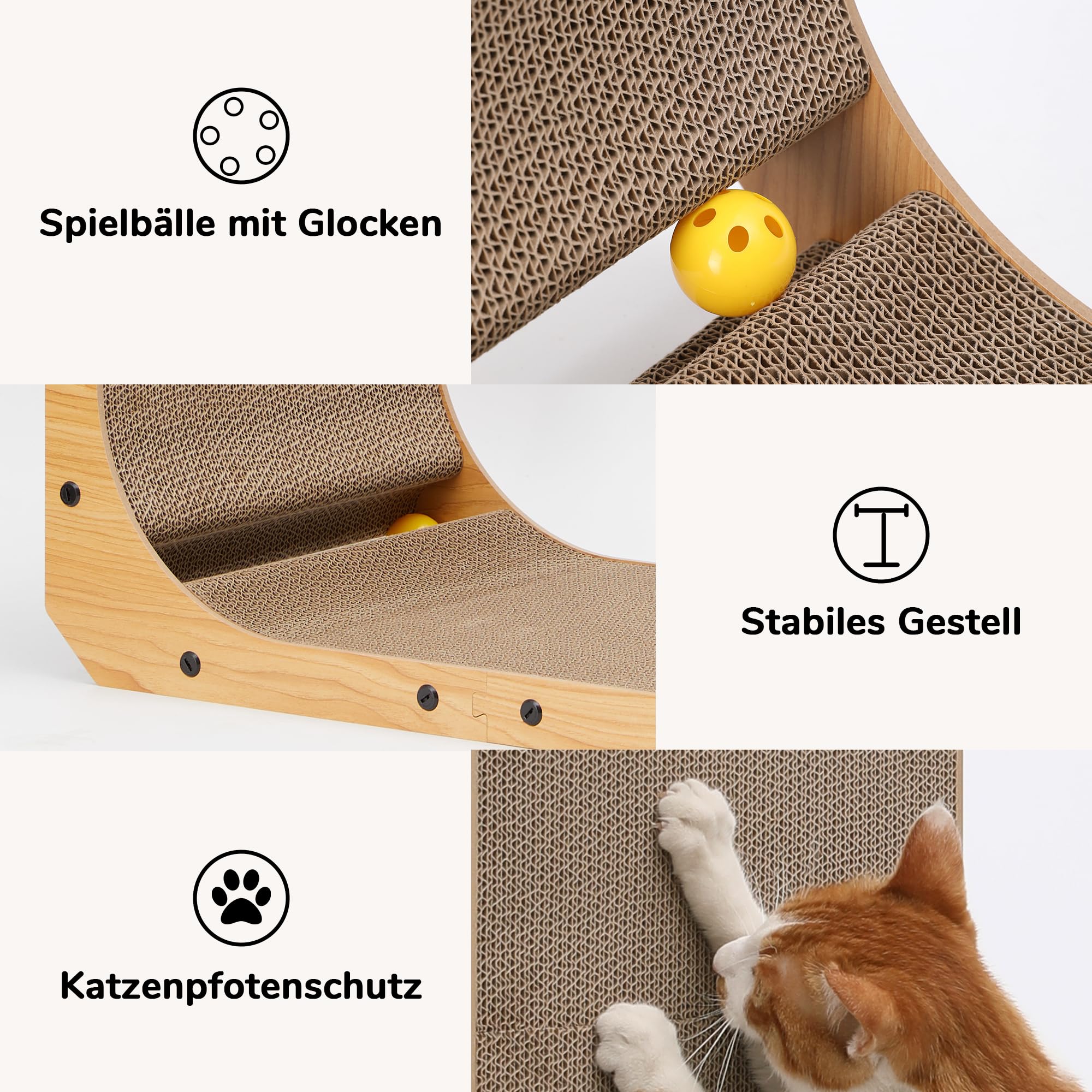 FUKUMARU Kratzbrett Katzen, 68 cm hohe L förmige Kratzpappe für Katzen, widerstandsfähig Katzenkratzbrett mit Ballspielzeug, Kratzmöbel aus hochwertiger Karton für Wand und Ecke, Groß