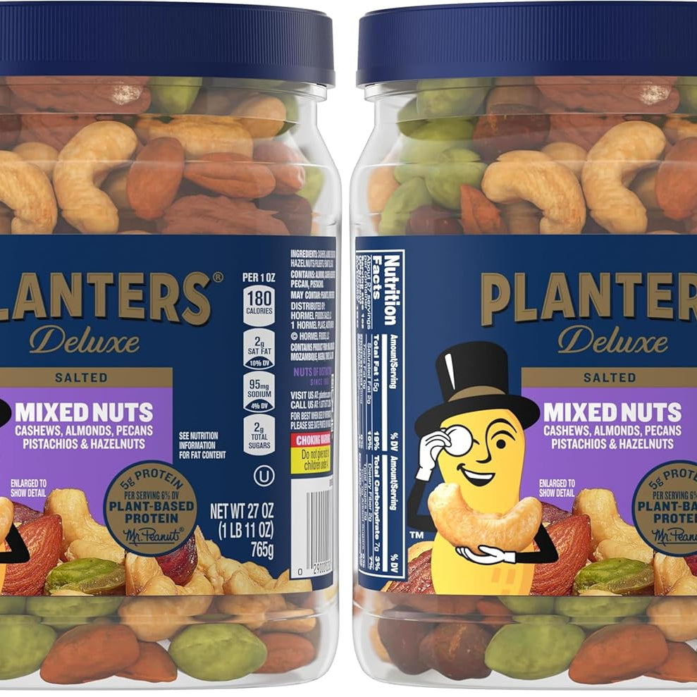 PLANTERS Deluxe Mixed Nuts with Sea Salt, 27 oz Resealable Container - Variety Mixed Nuts Snacks with Cashews, Almonds, Pecans, Pistachios & Hazelnuts - Energy Boost - Kosher