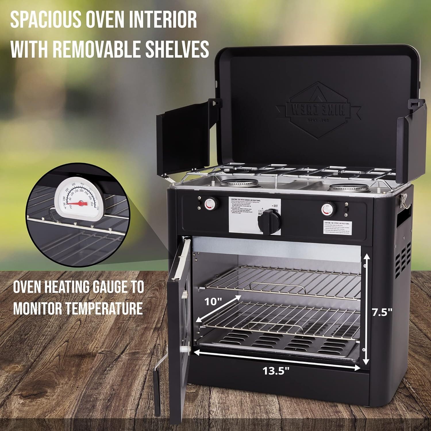 Hike Crew Outdoor Gas Camping Oven w/Carry Bag | CSA Approved Portable Propane-Powered 2-Burner Stove & Oven | Auto Ignition, Overheat Safety Shutoff, Built-In Thermometer | Hose & Regulator Included