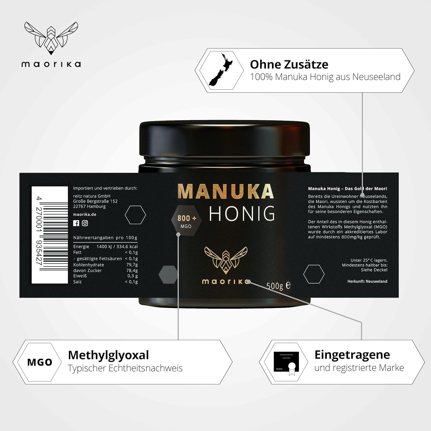 maorika - Manuka Honig 800 MGO + 250g im Glas (lichtundurchlässig, kein Plastik) - laborgeprüft, zertifiziert aus Neuseeland