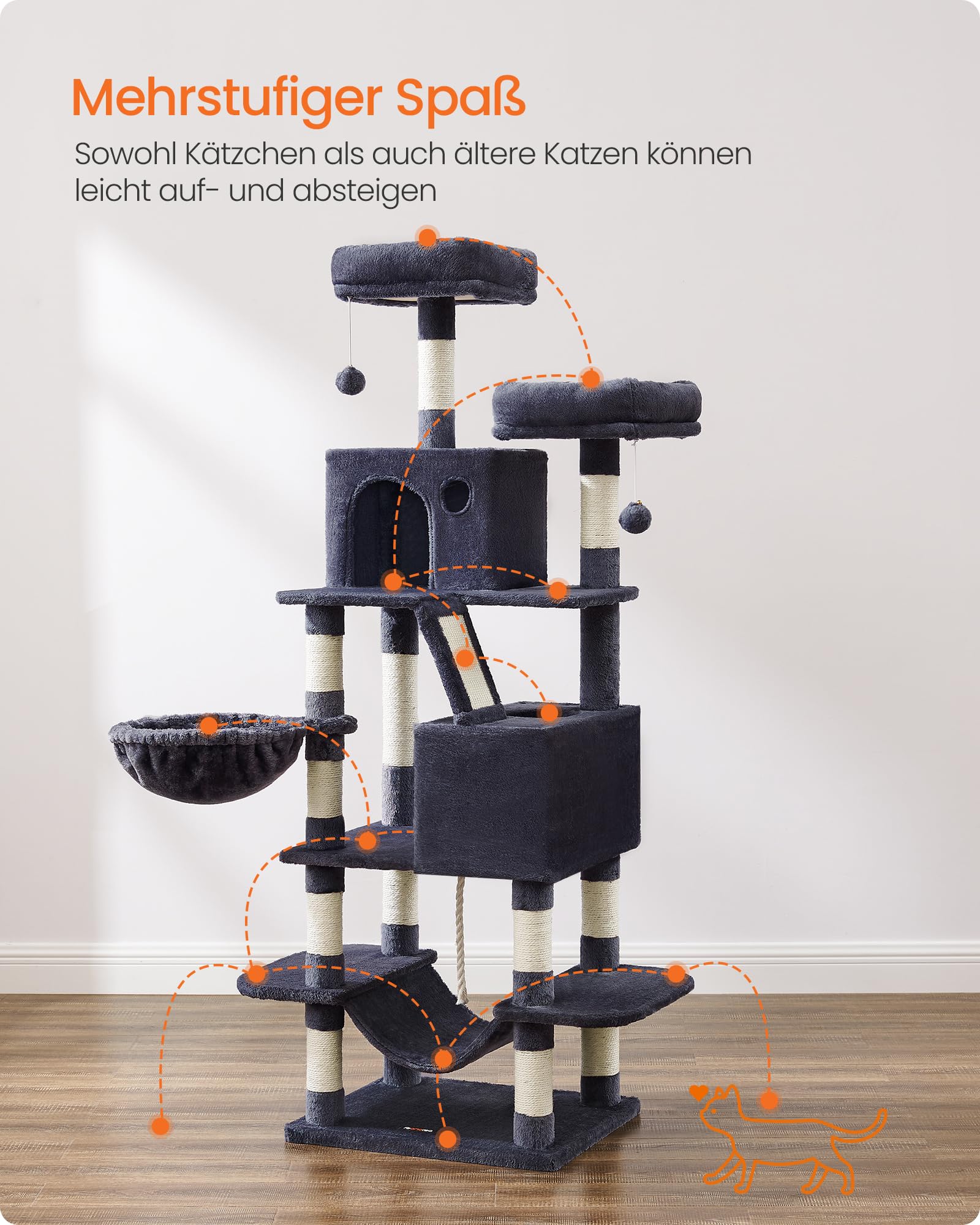 Feandrea Kratzbaum groß, 203,5 cm hoch, XXL Katzenbaum, mit 13 Kratzsäulen, 2 Plattformen, 2 Höhlen, Korb, Hängematte, Plüschbälle, mehrstöckiger Katzenkratzbaum, rauchgrau PCT190G01