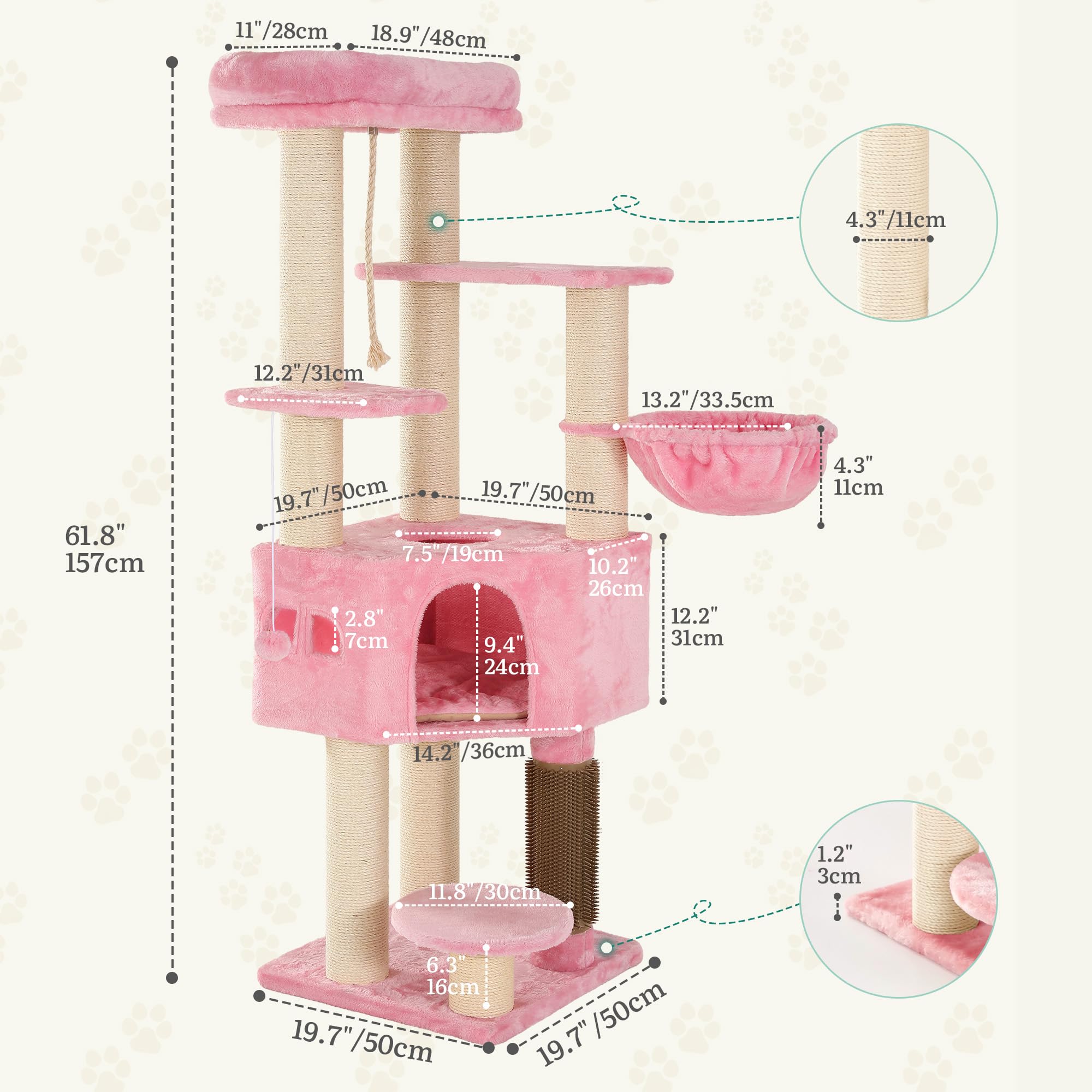 YITAHOME Kratzbaum, Katzenkratzbaum, für Große Katze, Katzenbaum, Katzenbürsten, 11 cm Dicke Stämme, Große Plattformen, Plüschkissen, Höhle, 50 x 50 x 157 cm, Beige