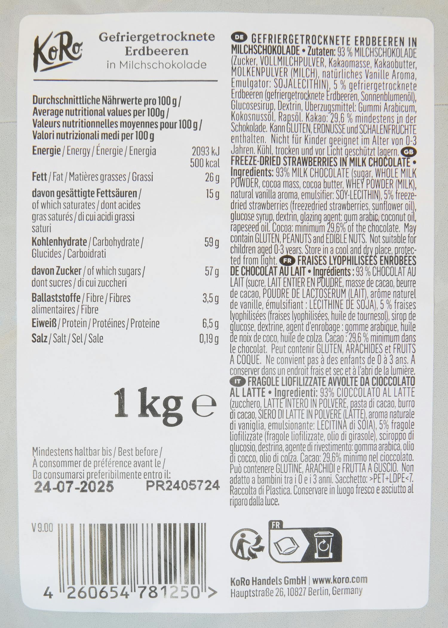 KoRo - Gefriergetrocknete Erdbeeren in Milchschokolade 1 kg - Knackig Fruchtig - Snack im Vorteilspack