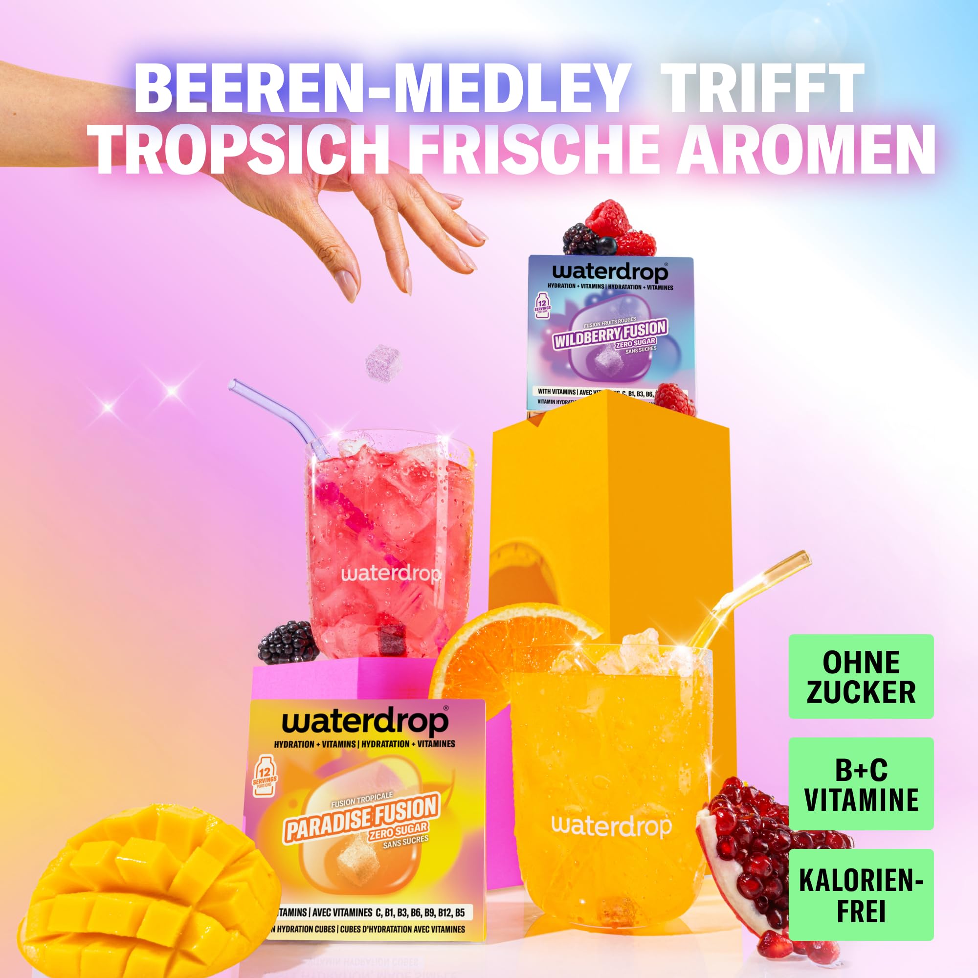 waterdrop® Beeren & Früchte Set – 48 Waterdrop Würfel in 4 verschiedenen Sorten – Zuckerfreier Durstlöscher & Alternative zu Getränkesirup und Geschmackspulver – Flavour Drops im Wasser auflösen