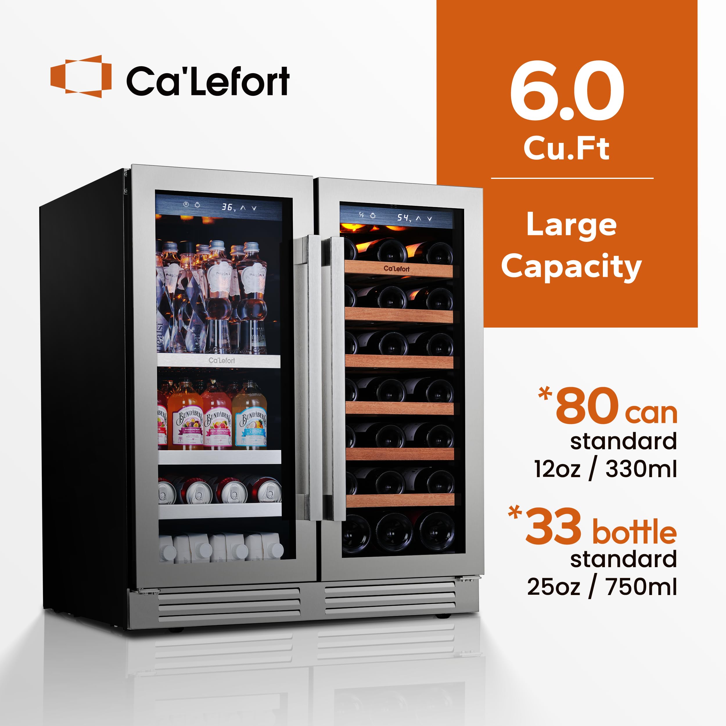 Ca'Lefort 15 Inch Wine Fridge, 33 Bottle Wine Cooler Refrigerator, 40-65°F Wine Refrigerator Glass Door, 3 LED Wine Fridge, Built-in or Freestanding Fridge for Home/Bar/Kitchen (3.0 cu.ft)