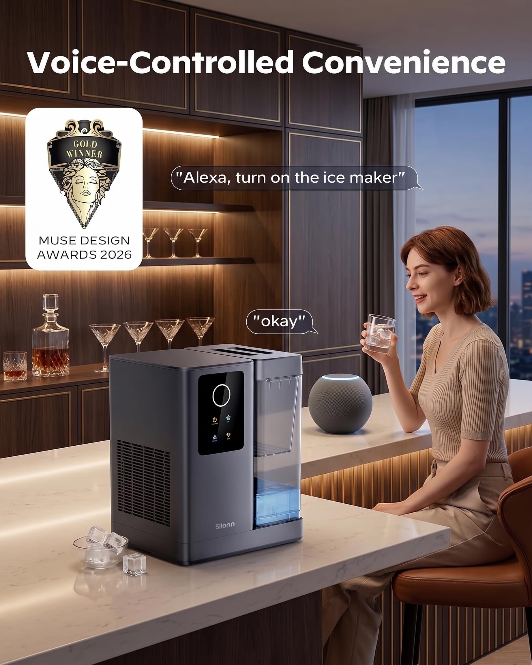 Nugget Ice Maker Countertop, Silonn Chewable Pellet Ice Machine with Self-Cleanin Function, 36lbs/24H Portable Ice Makers for Home Kitchen Officce, Black
