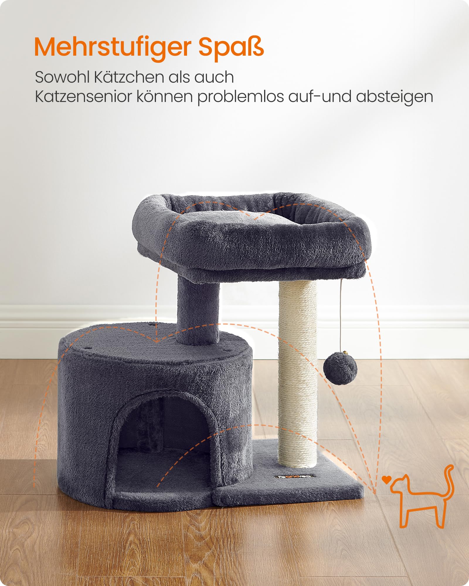 Feandrea Kratzbaum klein, Katzenbaum mit Sisalstamm, Katzenkratzbaum mit gepolsterter Plattforme, für Kätzchen, hellgrau PCT50W