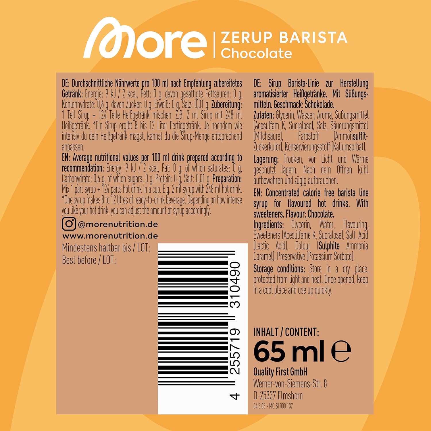 MORE Barista Zerup, Vanilla, 65 ml, für Kaffee, Tee und Heißgetränke, vegan, zero Kalorien - made in Germany