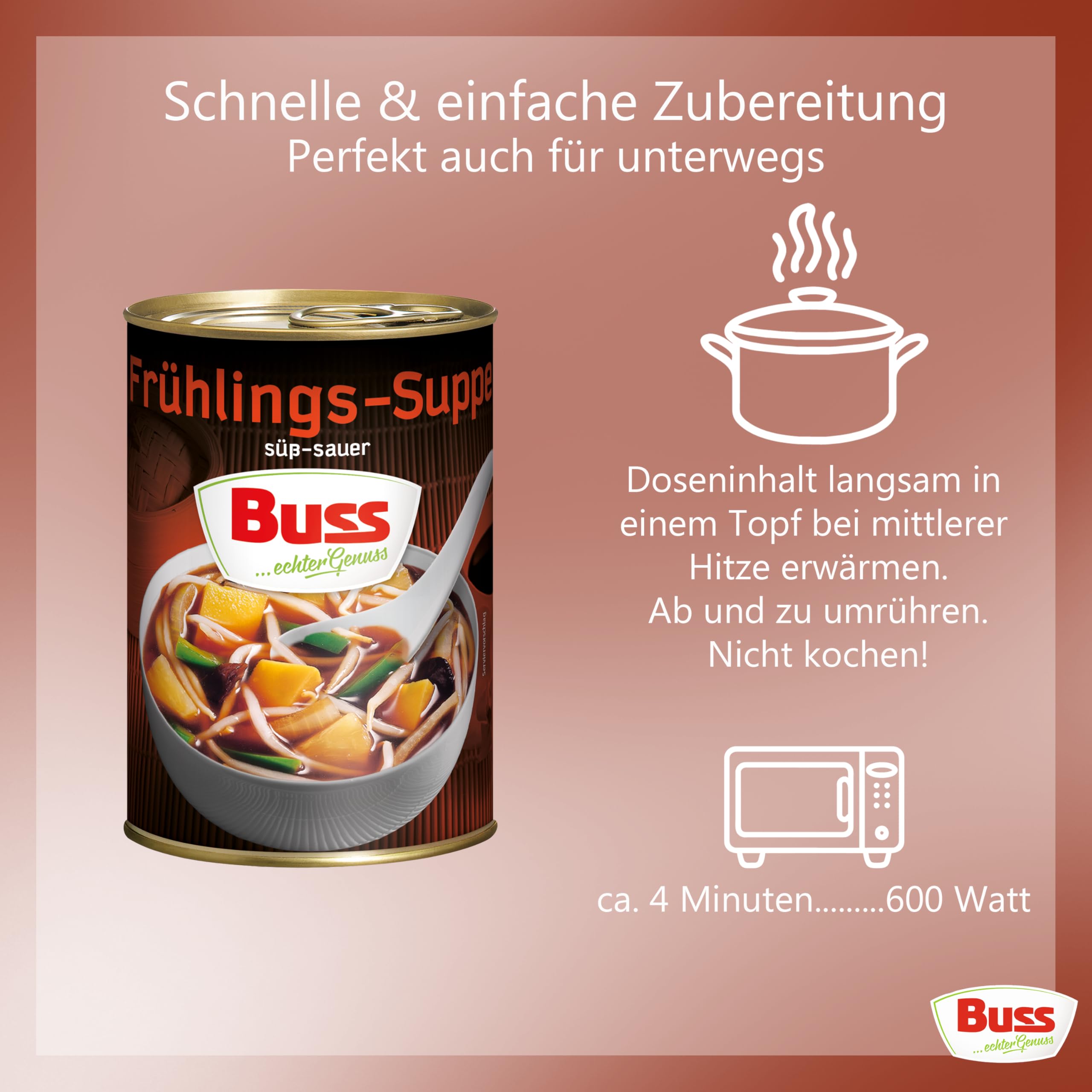 Buss Asia Suppen - Bihunsuppe Original nach indonesischer Art - Milde Asia Suppe mit Paprika, Hühnerfleisch und Glasnudeln - Schnelle Fertiggerichte zum Aufwärmen in Mikrowelle & Topf - 12 x 400g