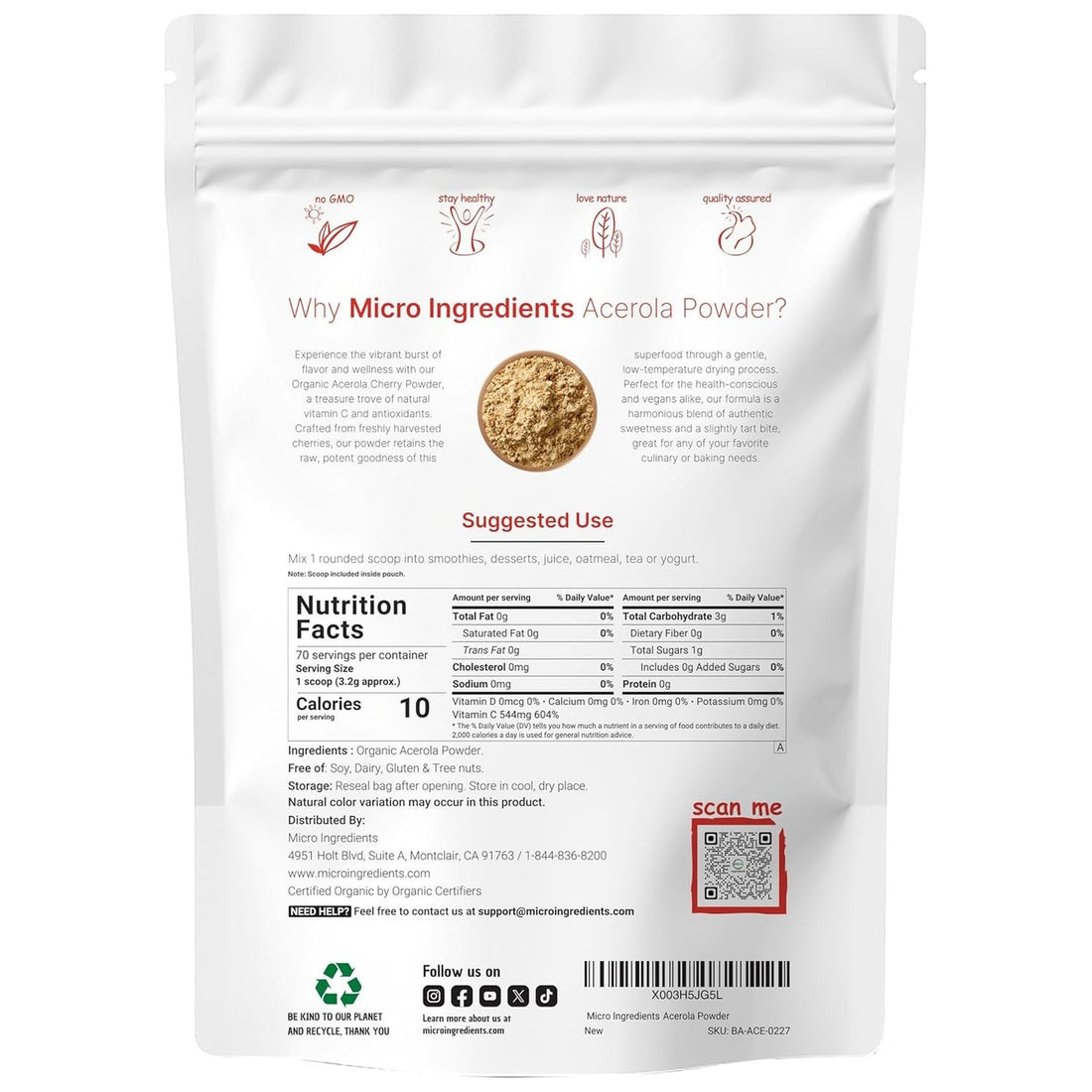Organic Acerola Powder, 8oz | Natural Organic Vitamin C Superfood | No Sugar & Additives | Great Flavor for Drinks, Smoothie, & Beverages | Non-GMO & Vegan Friendly, Brazil Origin