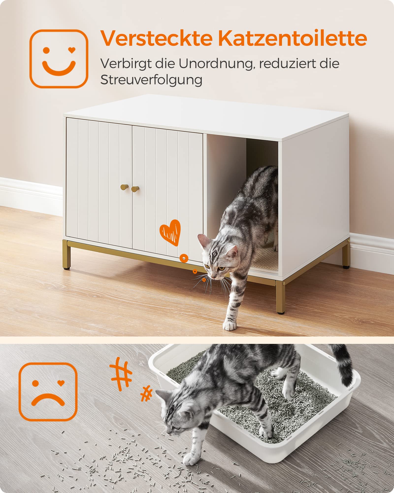 Feandrea Katzenklo-Schrank, Katzenhaus, Katzentoilette, mit Kratzmatte, hohe Beine, für Katzen, Beistelltisch, 80 x 50 x 55 cm, weiß-goldfarben PCL007W01