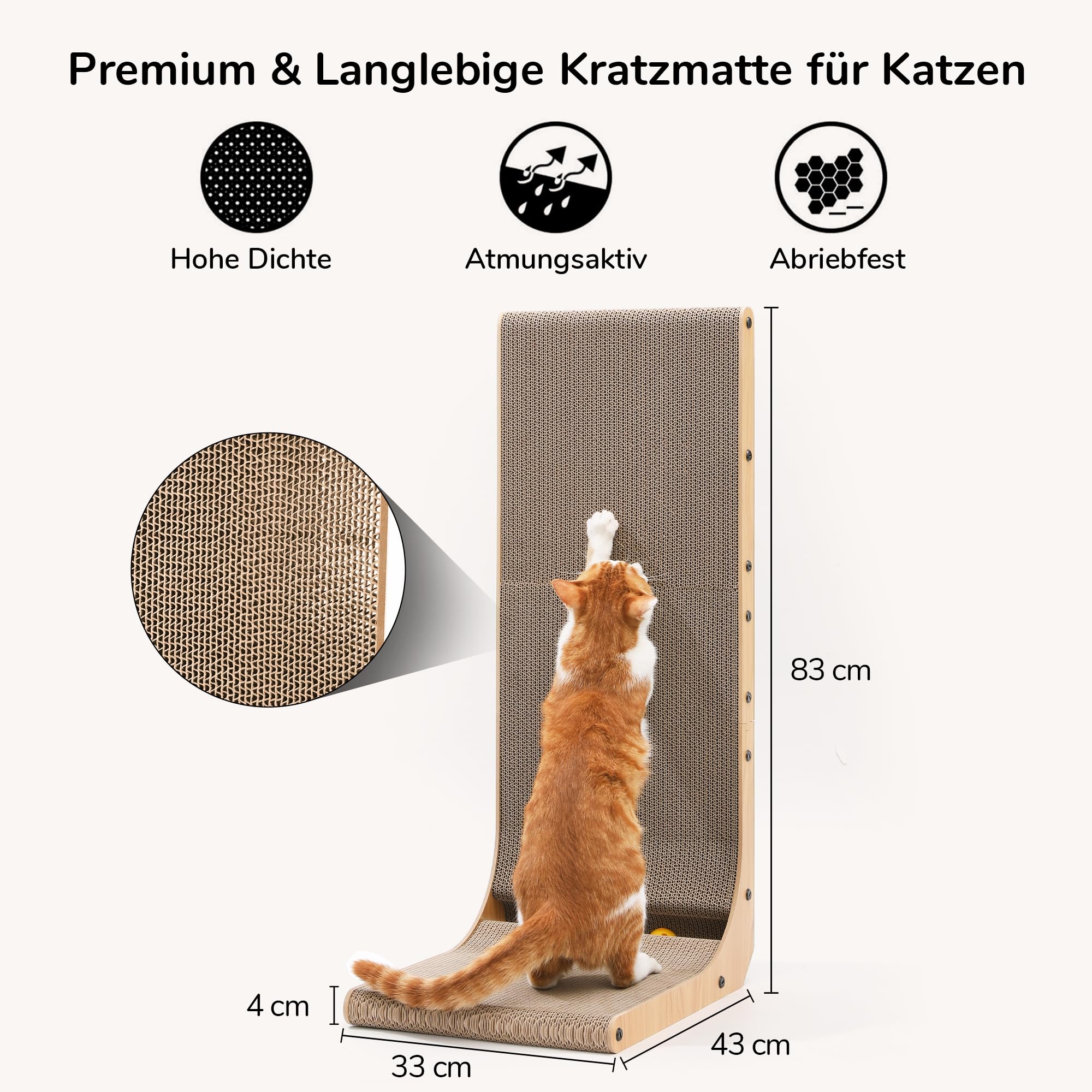 FUKUMARU Kratzbrett Katzen, 68 cm hohe L förmige Kratzpappe für Katzen, widerstandsfähig Katzenkratzbrett mit Ballspielzeug, Kratzmöbel aus hochwertiger Karton für Wand und Ecke, Groß