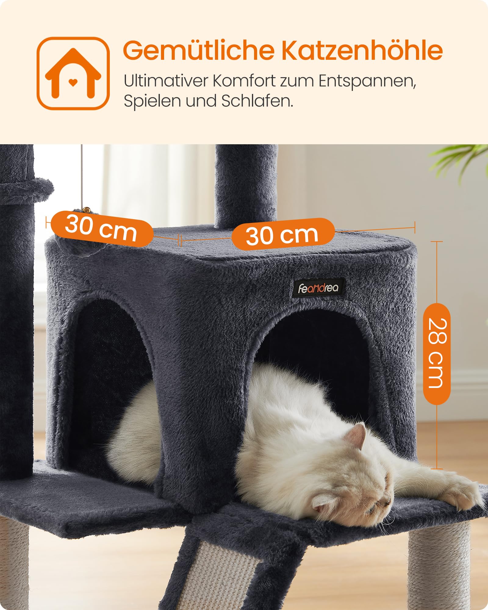 Feandrea Kratzbaum, 96 cm hoch, Katzenbaum mit großer Plattform, Katzenkratzbaum mit Katzenhöhle, Hängematte, Kratzrampe, Plüschball, weicher Plüsch, hellgrau PCT51W