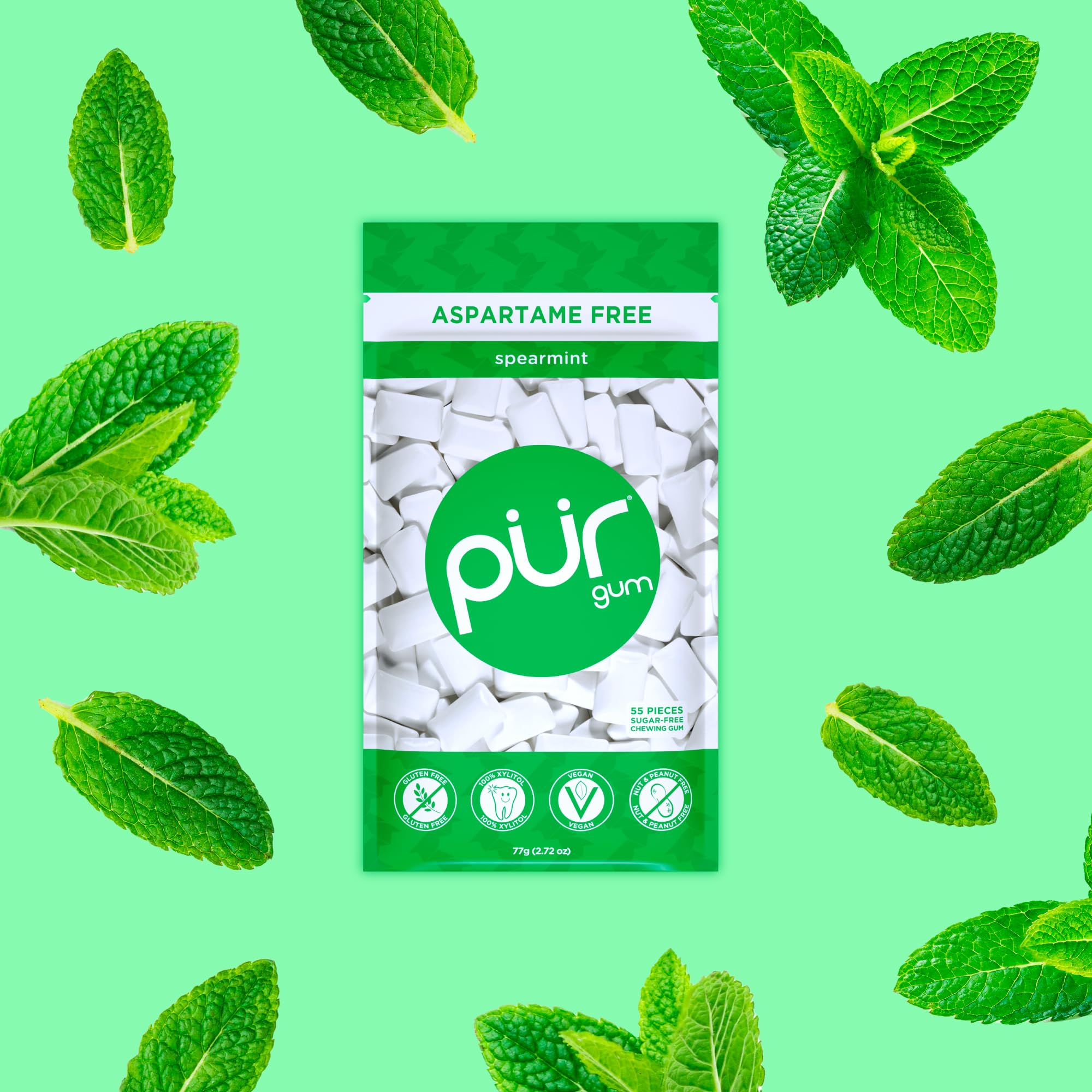 PUR Gum | Zuckerfreier Kaugummi | Mit Xylit | Vegan, Aspartamfrei & Glutenfrei | Natürlicher Kaugummi Mit Spearmint-Geschmack, 55 Stück (3er Pack)
