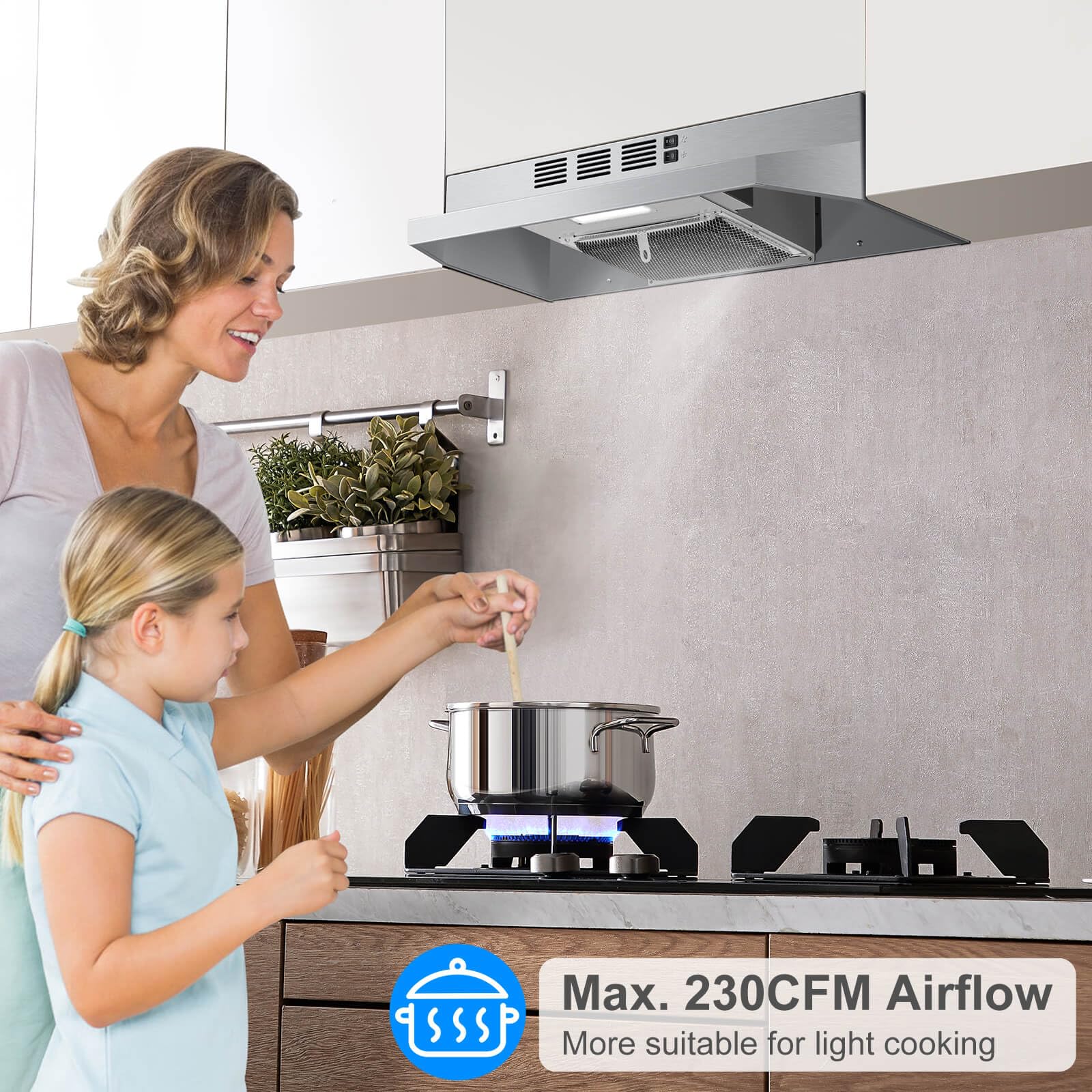 SNDOAS Range Hood 30 inch Under Cabinet, Ducted/Ductless Convertible Kitchen Hood, Stainless Steel Vent Hood with LED Light,Under Cabinet Hood with 2 Speed Exhaust Fan,Black