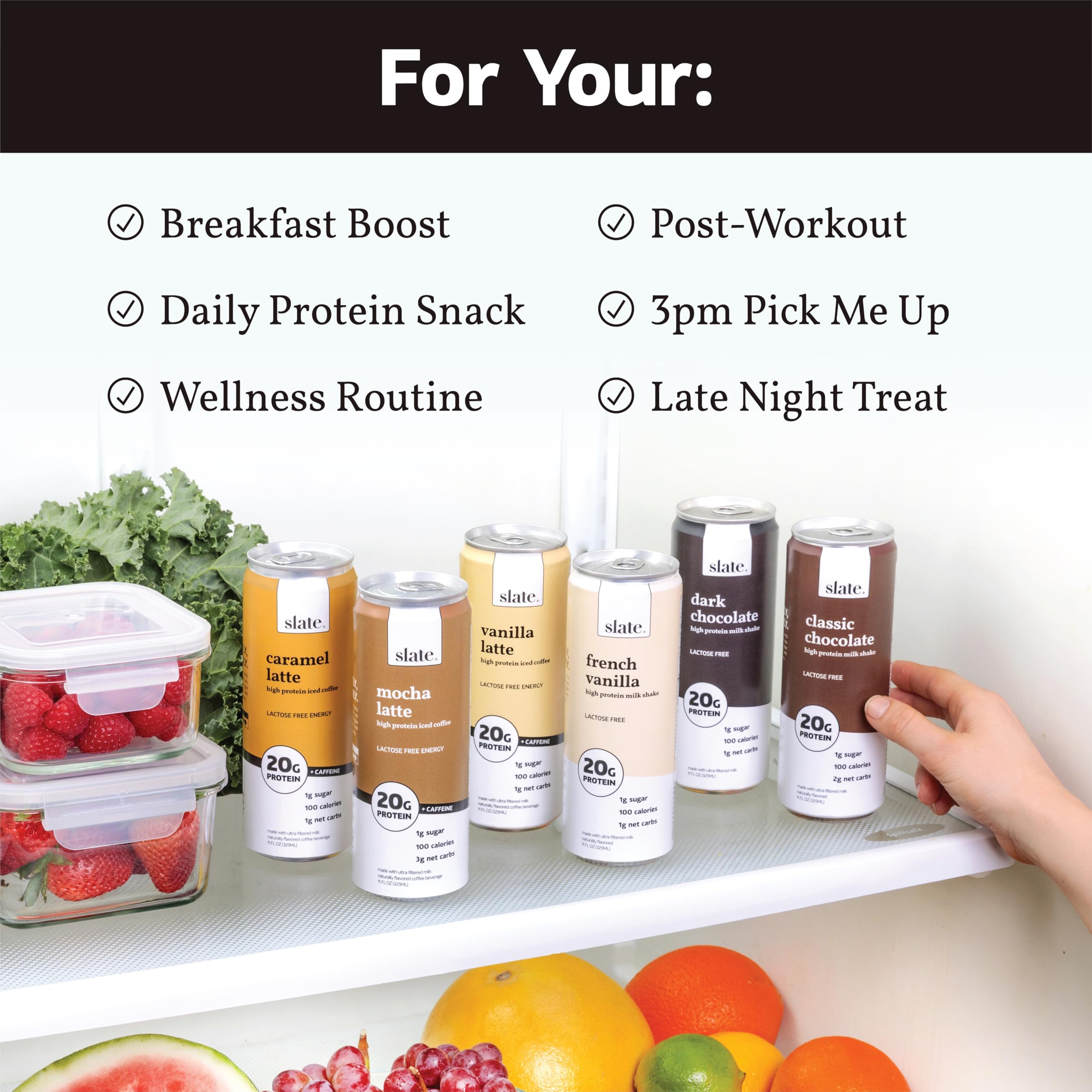 Slate Milk - High Protein Milkshake - French Vanilla - Lactose-Free, 20g Protein, 1g Sugar, 100 Calories, 1g Net Carbs, No Added Sugar - Natural, Breakfast Boost, Post Workout - 11 fl oz, 12 Cans