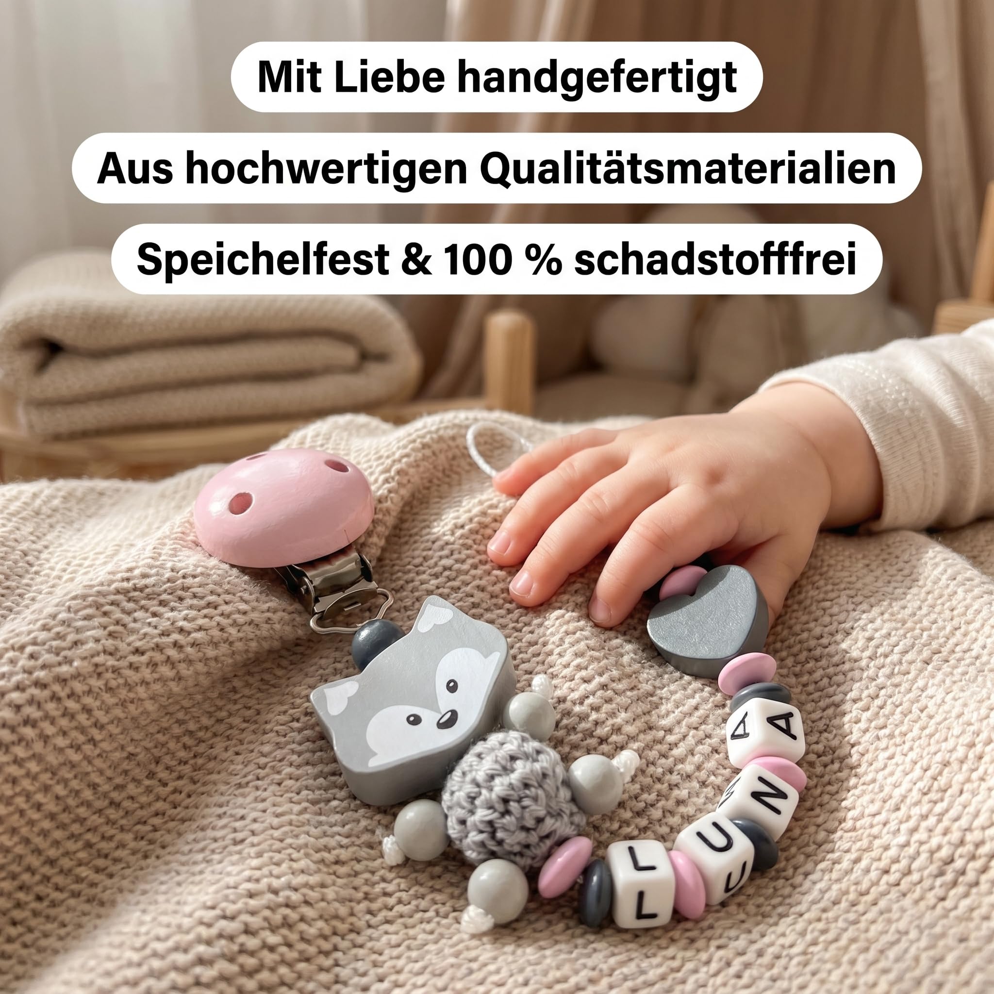 Schnullerband mit Namen für Mädchen & Jungen personalisierte Baby Geschenke (Blau)