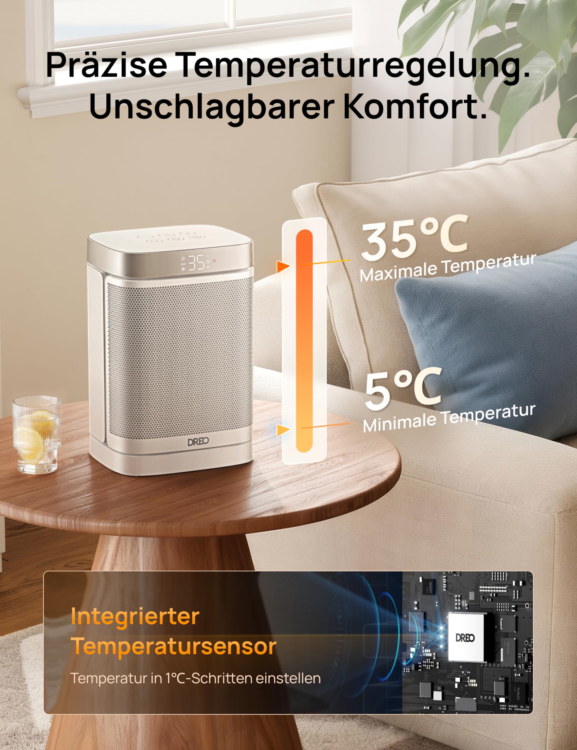 Dreo Heizlüfter Energiesparend Klein, 1500W Heizung Elektrisch mit Thermostat, 70° Oszillierend Elektroheizung, PTC Keramik Heizlüfter Leise, ECO-Modus, 12-Std-Timer, Überhitzungs- & Kippschutz