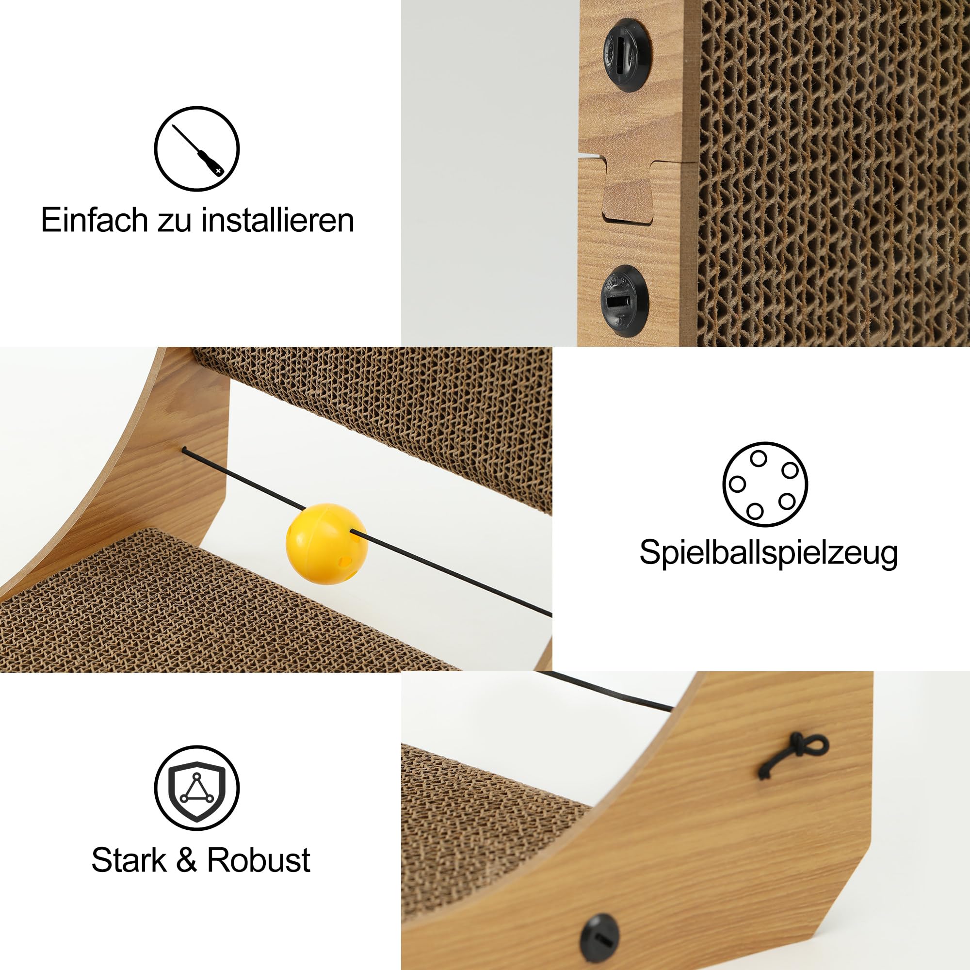 FUKUMARU Kratzbrett Katzen, 68 cm hohe L förmige Kratzpappe für Katzen, widerstandsfähig Katzenkratzbrett mit Ballspielzeug, Kratzmöbel aus hochwertiger Karton für Wand und Ecke, Groß