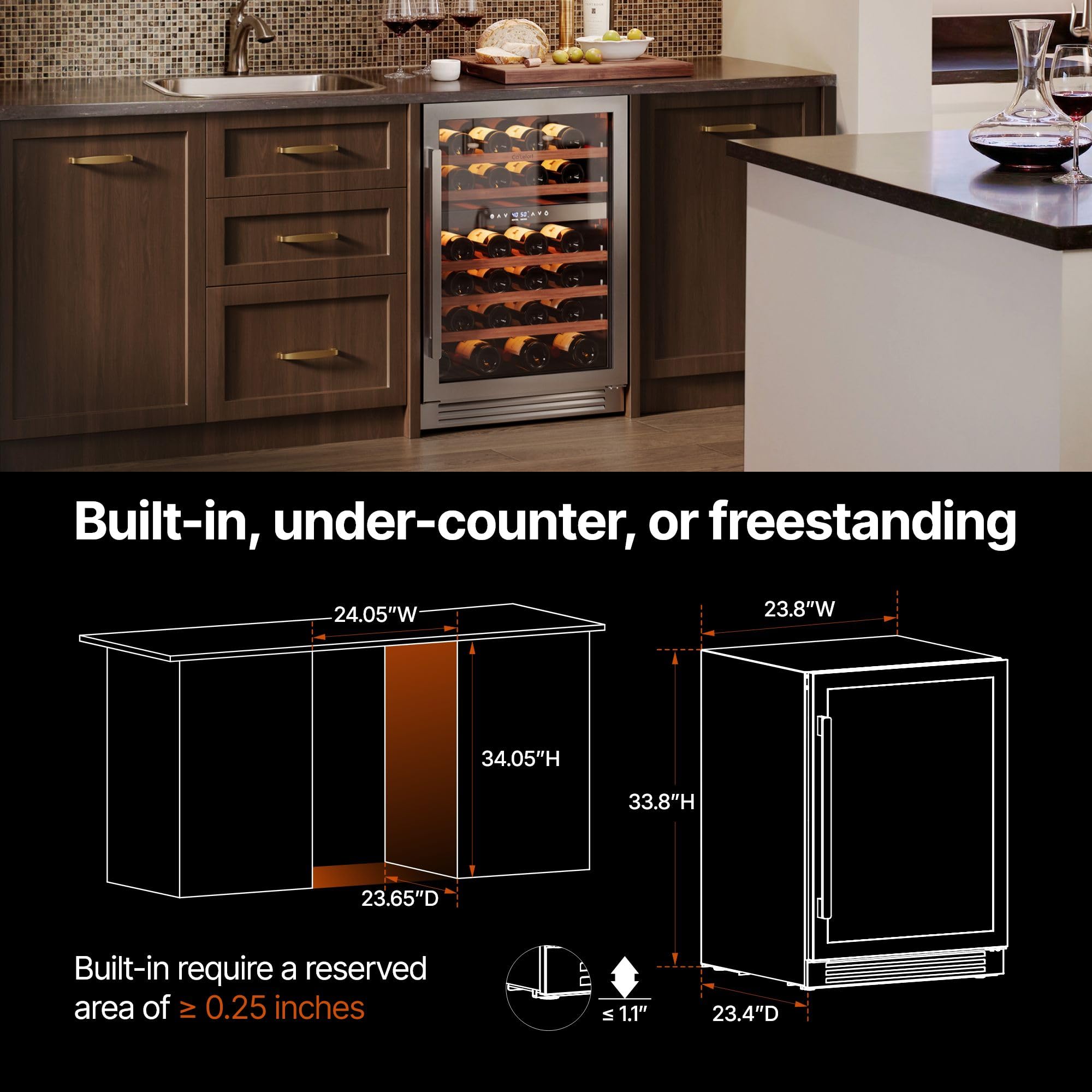Ca'Lefort 15 Inch Wine Fridge, 33 Bottle Wine Cooler Refrigerator, 40-65°F Wine Refrigerator Glass Door, 3 LED Wine Fridge, Built-in or Freestanding Fridge for Home/Bar/Kitchen (3.0 cu.ft)