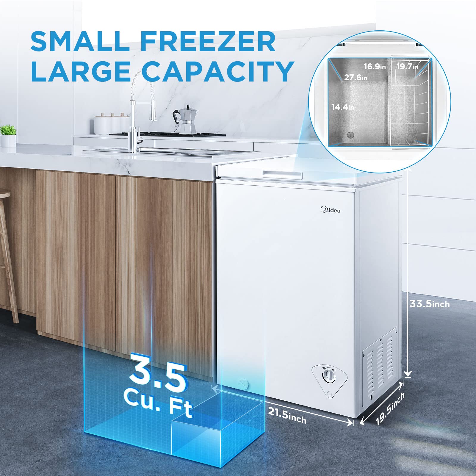 Midea MERC04C4BAWW Chest Freezer, 3.5 Cubic Feet Freezer With Removable Basket, Interior LED Light, Adjustable Temperature, For Kitchen Apartment Office, White