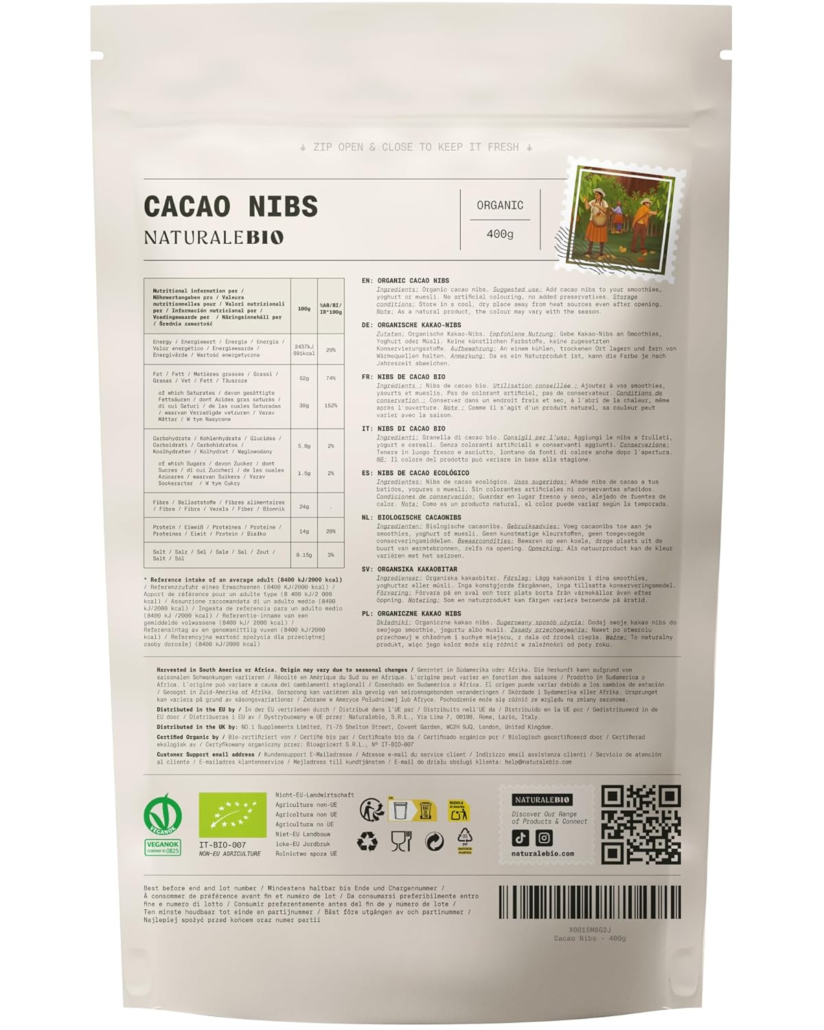 NaturaleBio Kakao Pulver Bio 1kg. Organic Cacao Pulver, Roh & Ungesüßt, Ideal für Getränke, Smoothies & Backen, Reich an Magnesium & Phosphor, Geprüft auf Schwermetalle