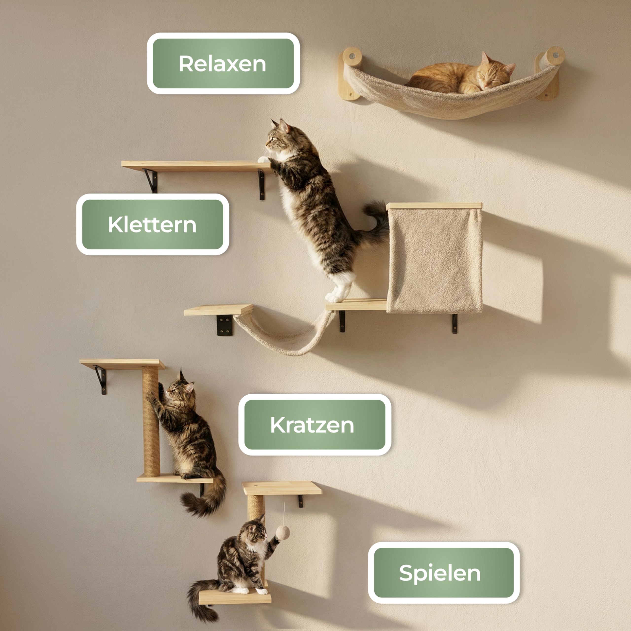 WOOWOOD® 2X Kletterwand Katzen - 3X Katzentreppe Wand [Beste Stabilität] - Kratzbaum Wand, Hängematte Katze, Wandkratzbaum, Katzenmöbel, Katzenwand, Katzen Kletterwand Set (5 teilig)