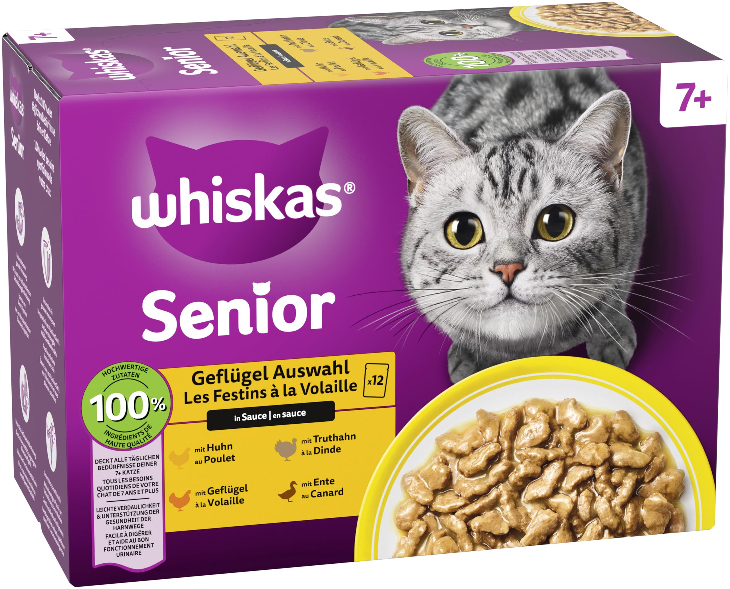Whiskas Senior 7+ Katzennassfutter Gemischte Auswahl in Sauce, 48 Portionsbeutel, 12x85g (4er Pack) – Hochwertiges Katzenfutter nass, für Katzen ab 7 Jahren und älter