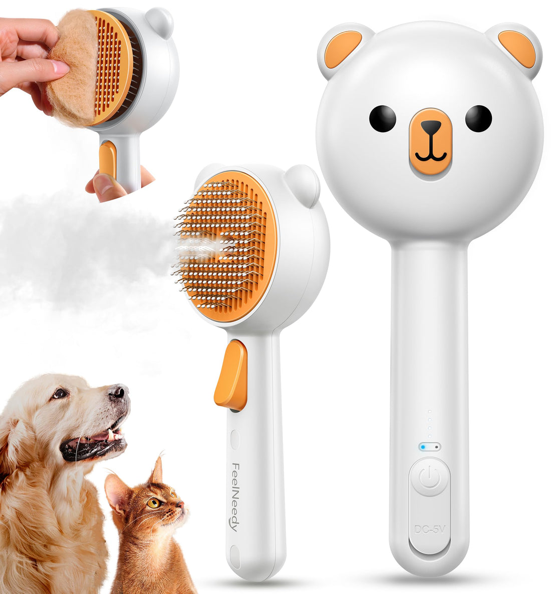 FEELNEEDY Katzenbürste mit Dampf, Furminator Katze mit Auslöseknopf Wassertank, Dampfbürste Katze für Langhaar/Kurzhaar Hunde Katz, USB aufladbar, Zwei-Geschwindigkeits-Sprühfunktion